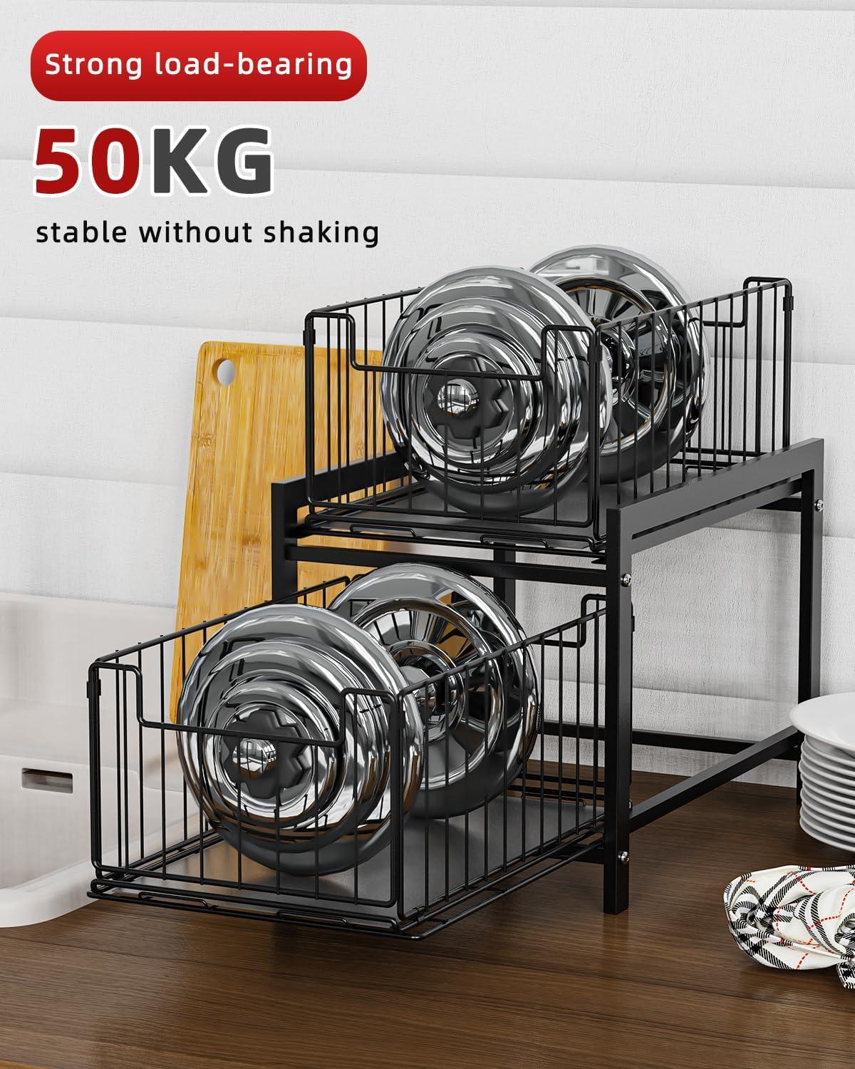 2 Tier Sliding Cabinet Organizer Drawer Storage Rack for Kitchen or Bathroom