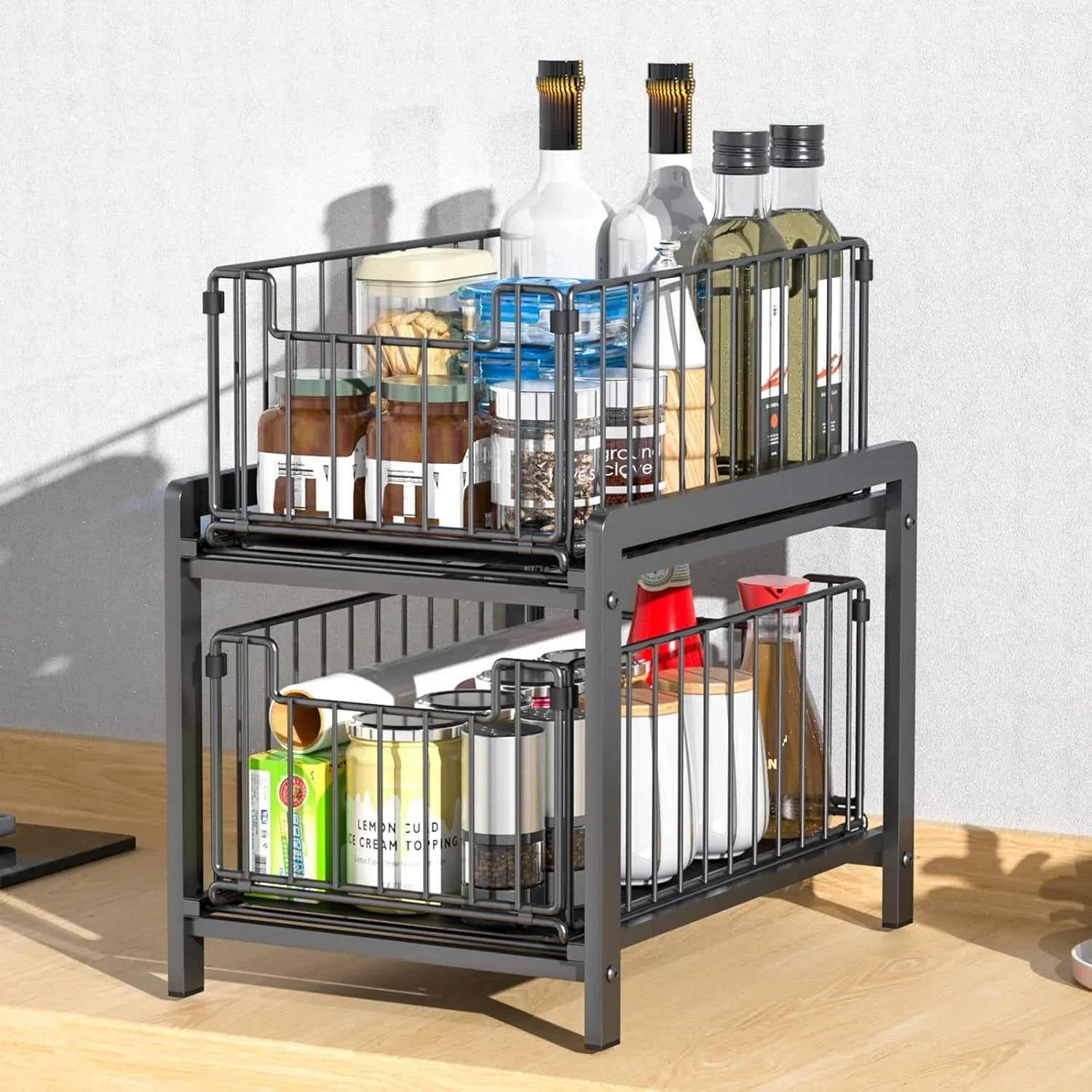 2 Tier Sliding Cabinet Organizer Drawer Storage Rack for Kitchen or Bathroom