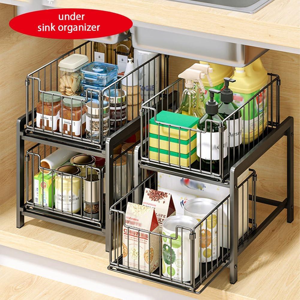 2 Tier Sliding Cabinet Organizer Drawer Storage Rack for Kitchen or Bathroom