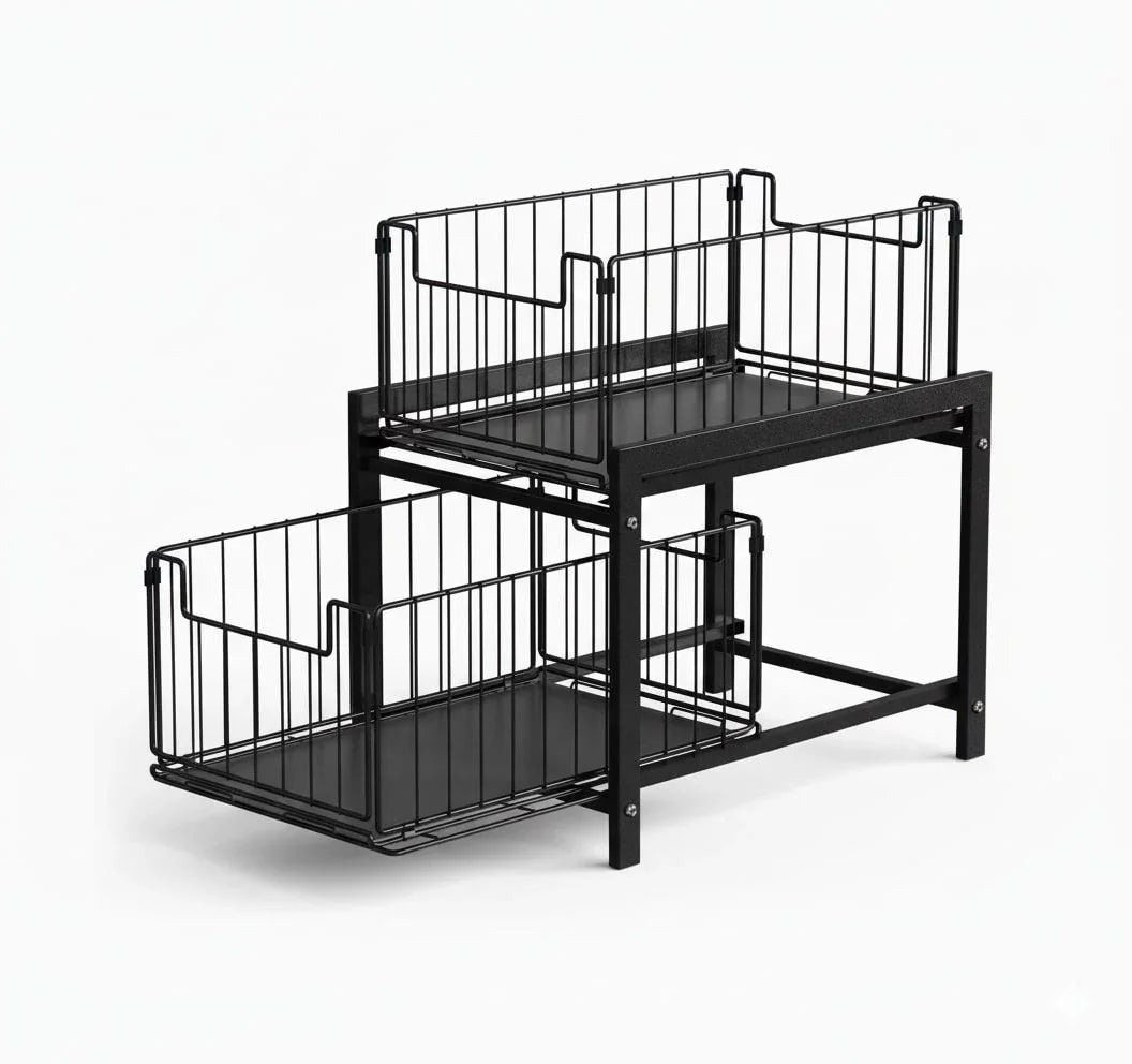 2 Tier Sliding Cabinet Organizer Drawer Storage Rack for Kitchen or Bathroom