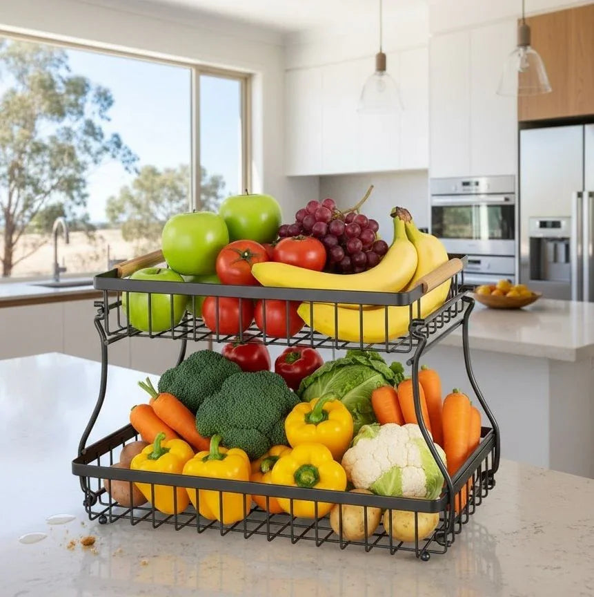 2-Tier Fruit Basket Metal Storage Bowl Kitchen Counter Organizer with Handles for Fruits, Vegetables, Snacks & Bread