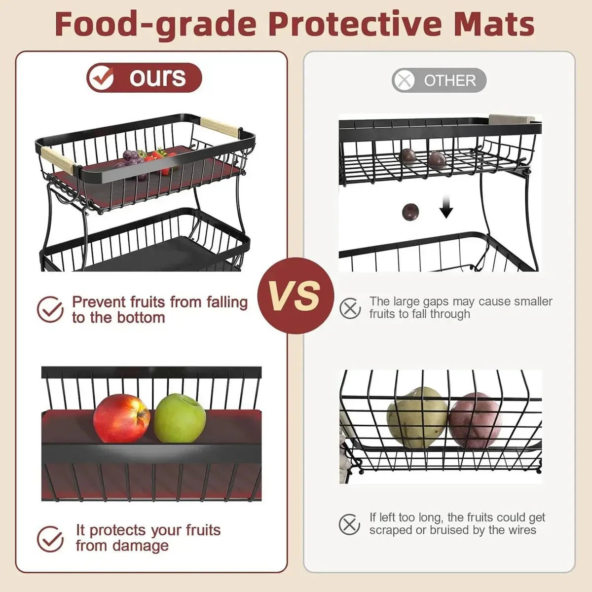 2-Tier Fruit Basket Metal Storage Bowl Kitchen Counter Organizer with Handles for Fruits, Vegetables, Snacks & Bread