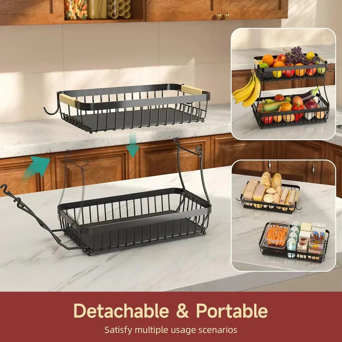 2-Tier Fruit Basket Metal Storage Bowl Kitchen Counter Organizer with Handles for Fruits, Vegetables, Snacks & Bread
