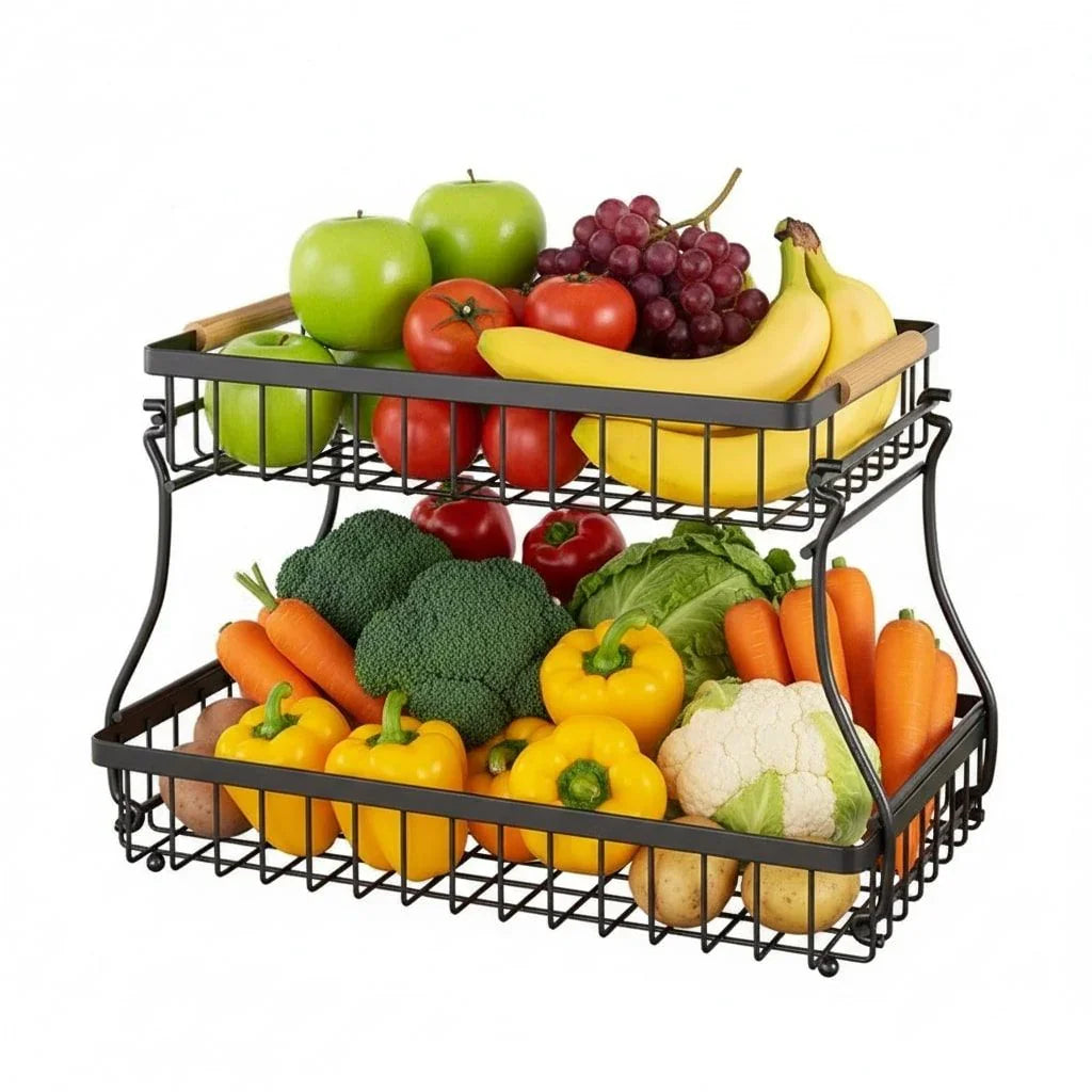 2-Tier Fruit Basket Metal Storage Bowl Kitchen Counter Organizer with Handles for Fruits, Vegetables, Snacks & Bread