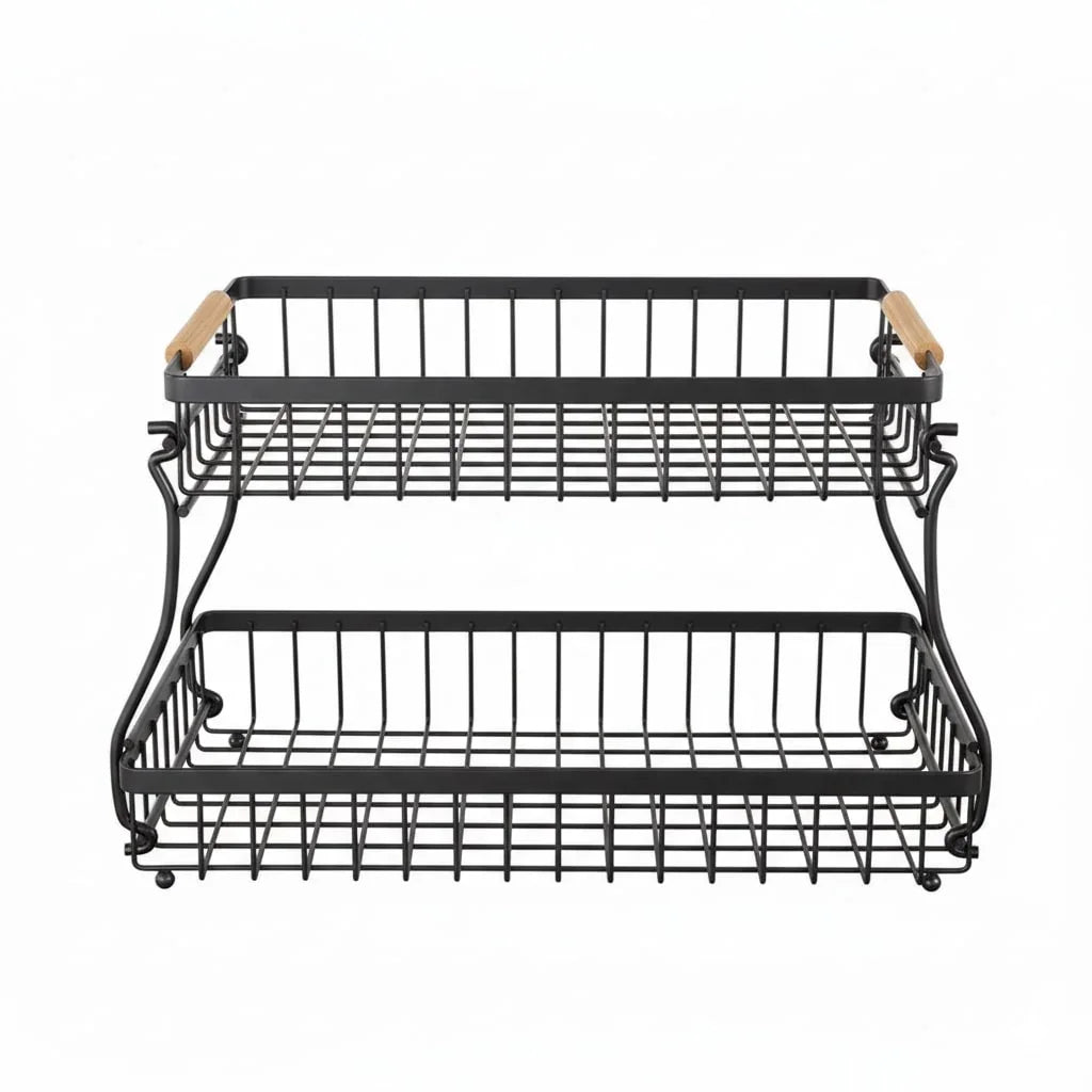 2-Tier Fruit Basket Metal Storage Bowl Kitchen Counter Organizer with Handles for Fruits, Vegetables, Snacks & Bread