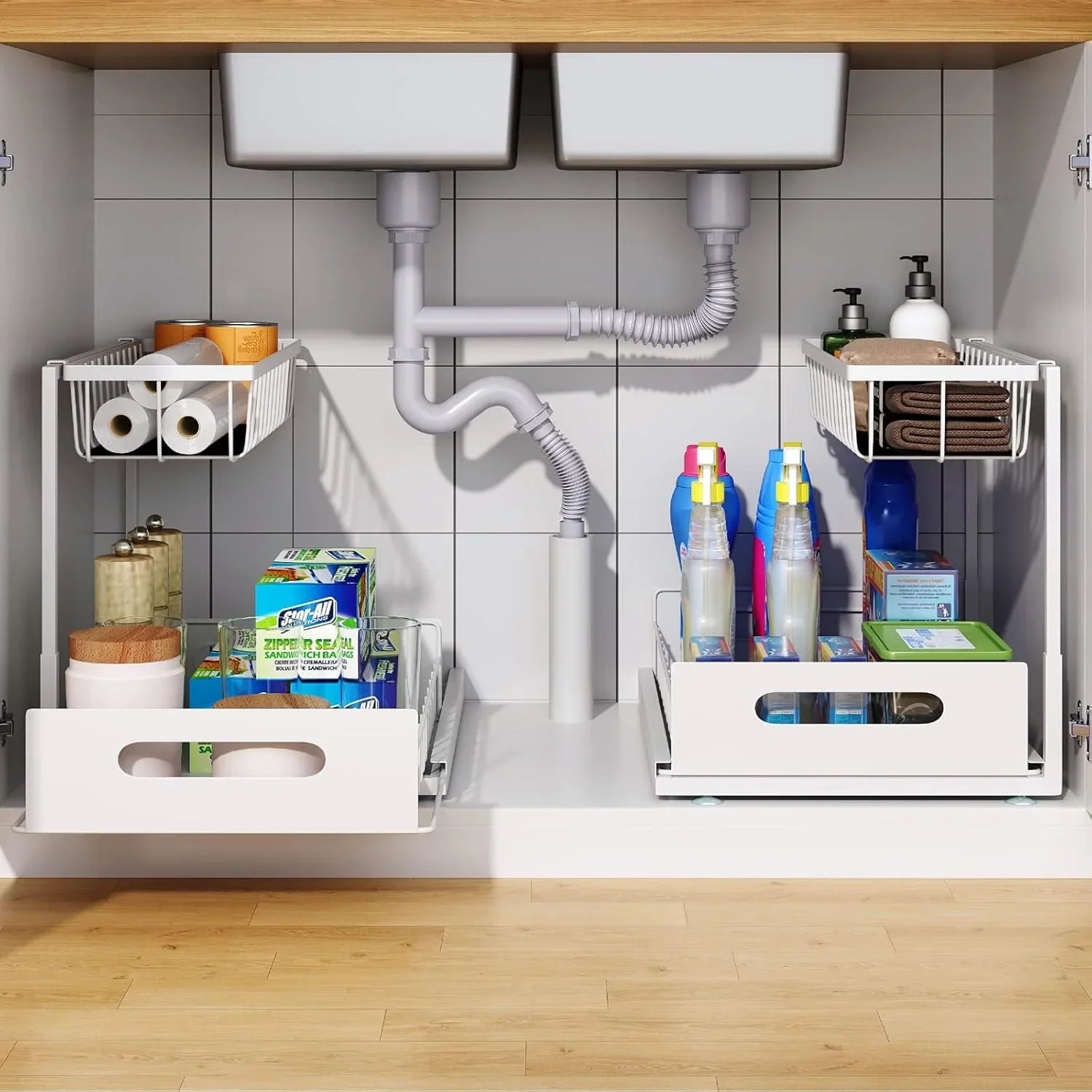 2 Tier Under Sink Organiser with Sliding Drawers for Kitchen & Bathroom