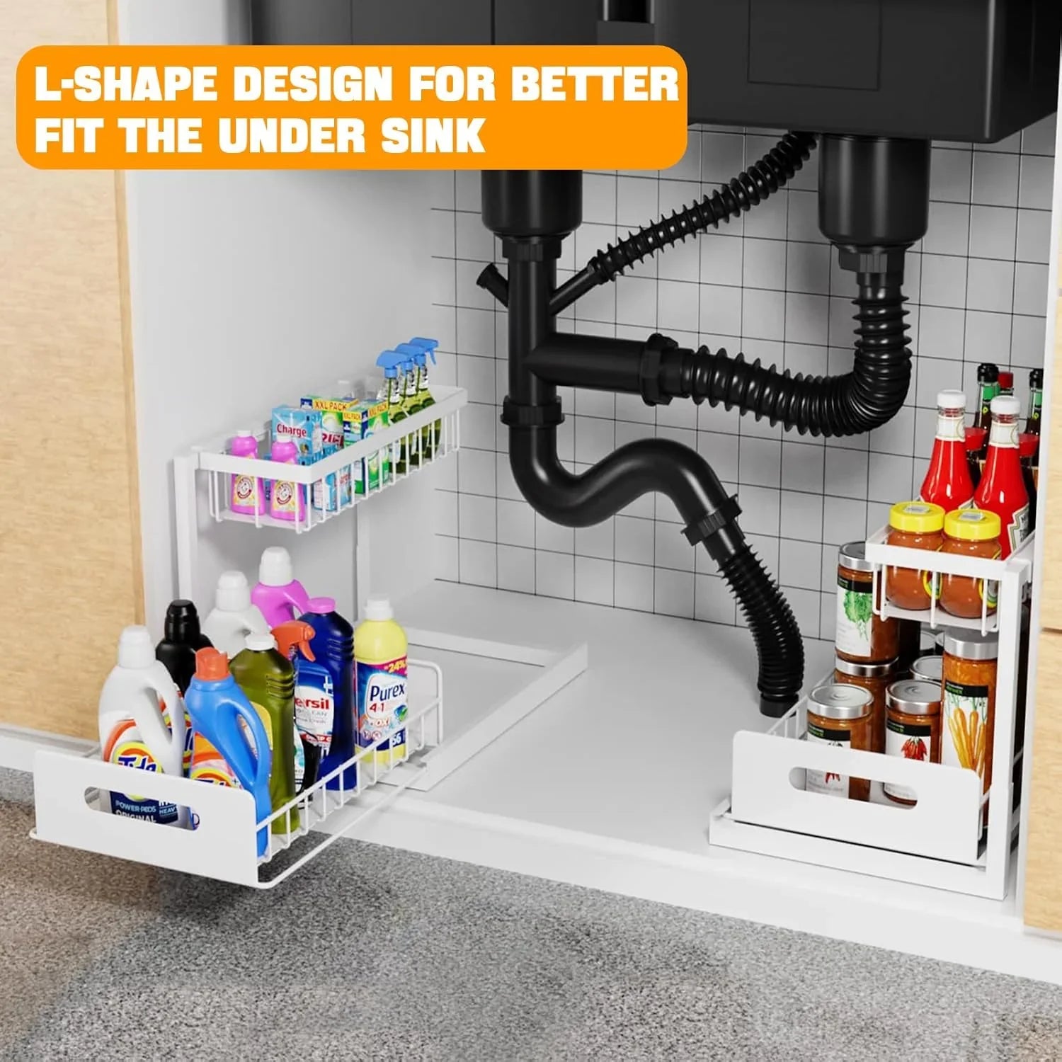 2 Tier Under Sink Organiser with Sliding Drawers for Kitchen & Bathroom