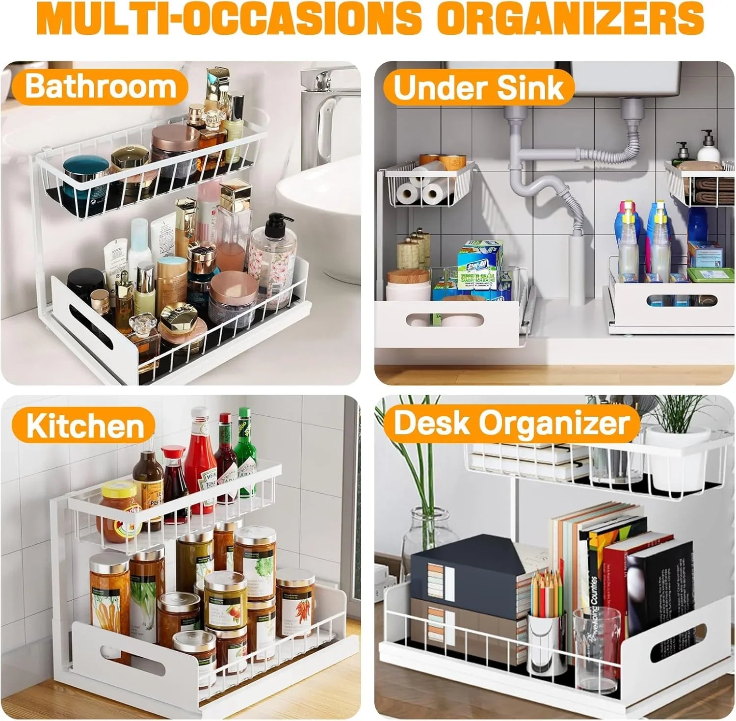 2 Tier Under Sink Organiser with Sliding Drawers for Kitchen & Bathroom