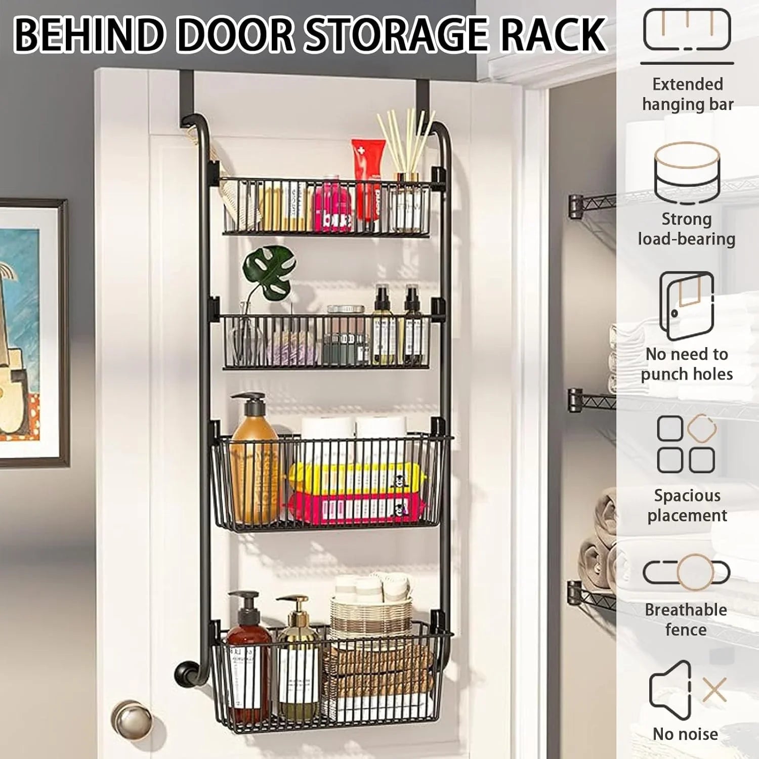 4-Tier Over the Door Organizer Heavy-Duty Metal Pantry Rack with Hanging Baskets for Home Kitchen Storage & Bathroom Door Organization