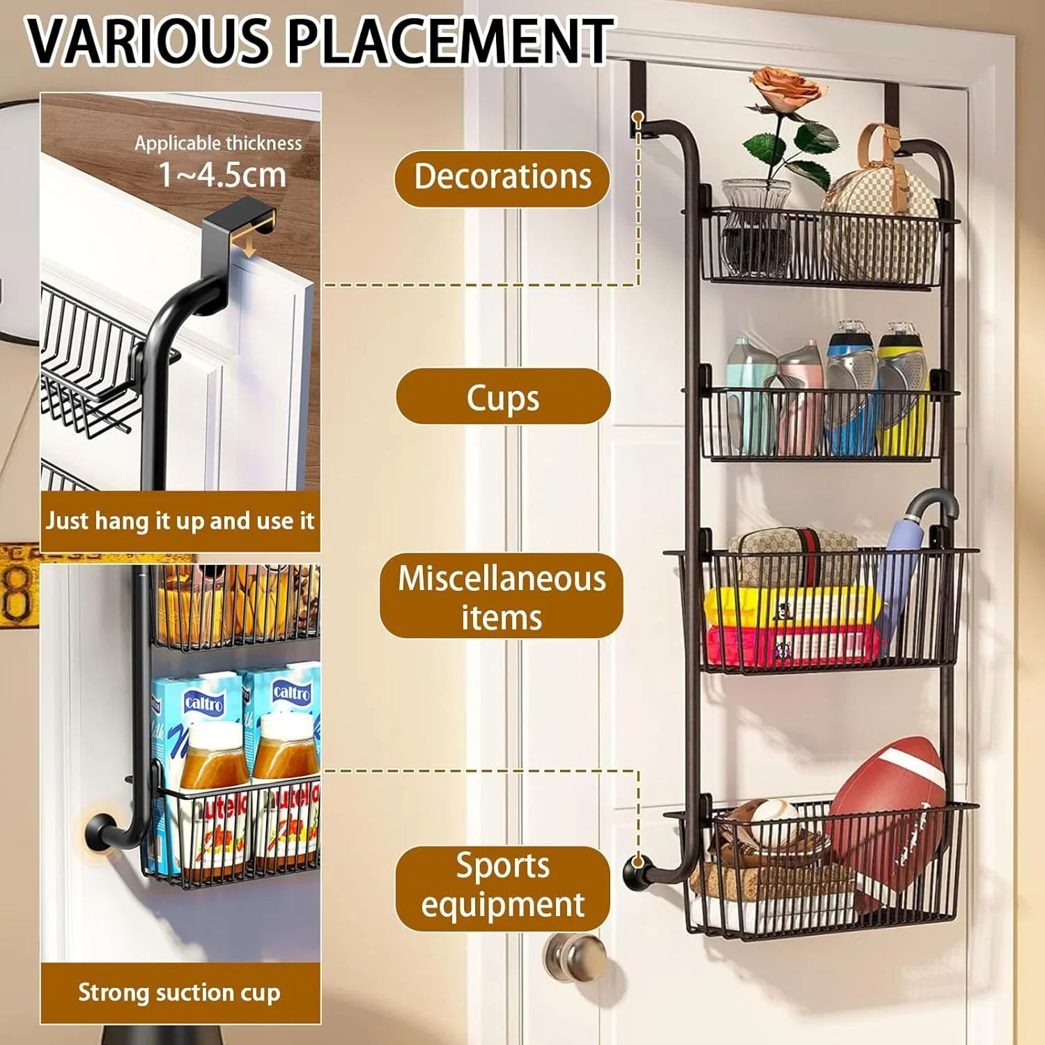 4-Tier Over the Door Organizer Heavy-Duty Metal Pantry Rack with Hanging Baskets for Home Kitchen Storage & Bathroom Door Organization