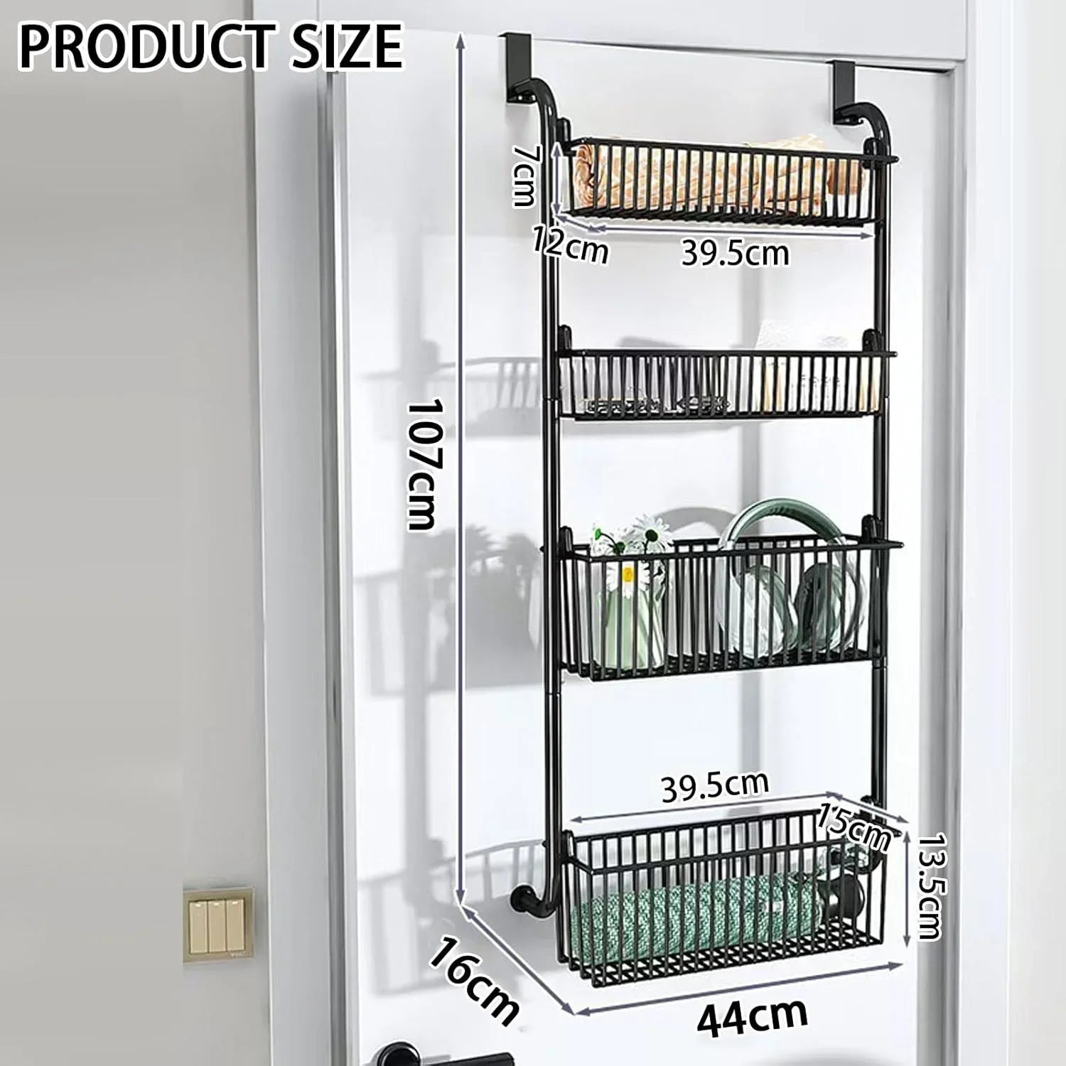 4-Tier Over the Door Organizer Heavy-Duty Metal Pantry Rack with Hanging Baskets for Home Kitchen Storage & Bathroom Door Organization