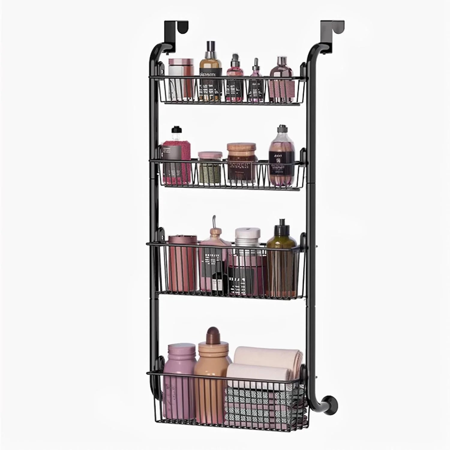 4-Tier Over the Door Organizer Heavy-Duty Metal Pantry Rack with Hanging Baskets for Home Kitchen Storage & Bathroom Door Organization