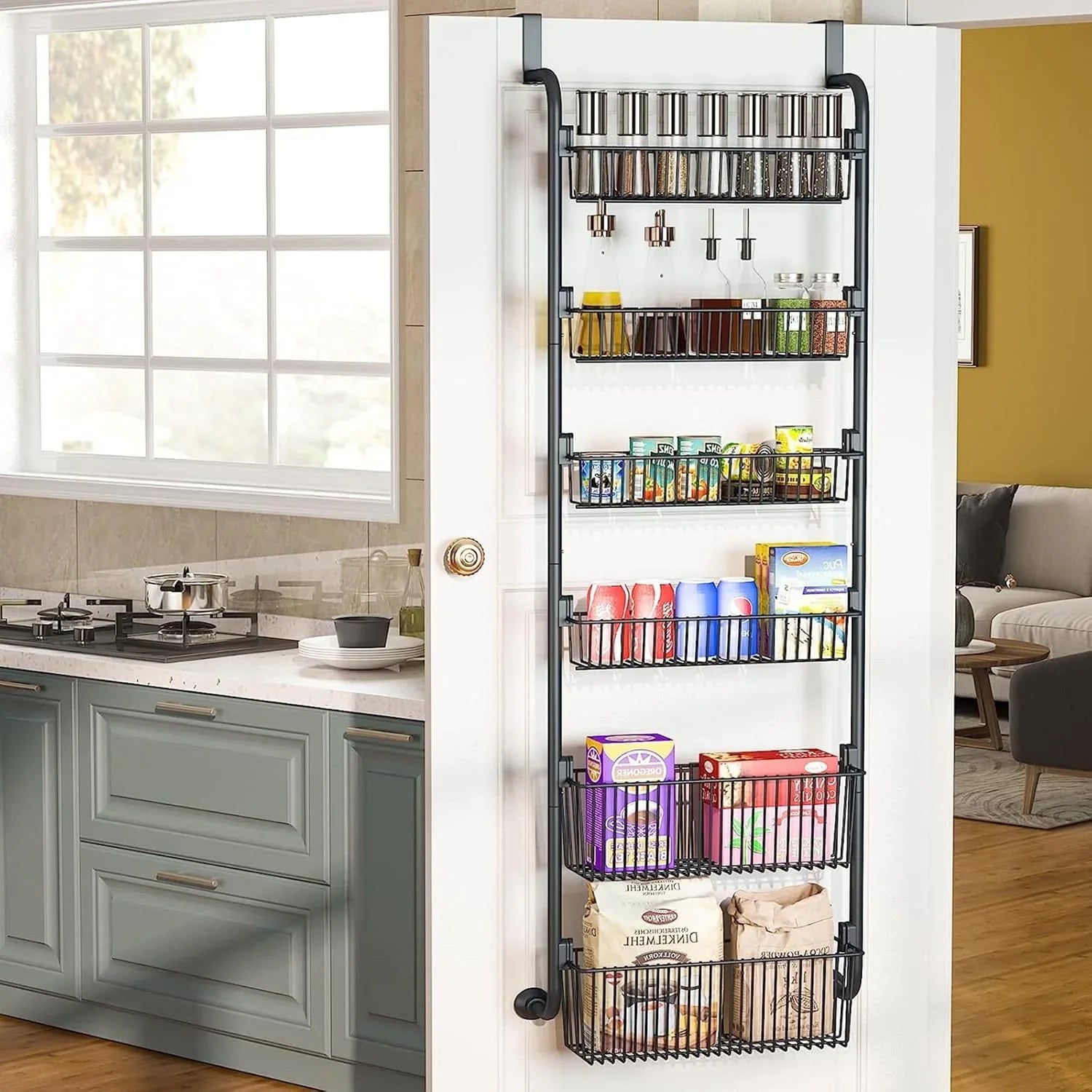 6-Tier Over the Door Organizer Heavy-Duty Metal Pantry Rack with Hanging Baskets for Home Kitchen Storage & Bathroom Door Organization (Black)