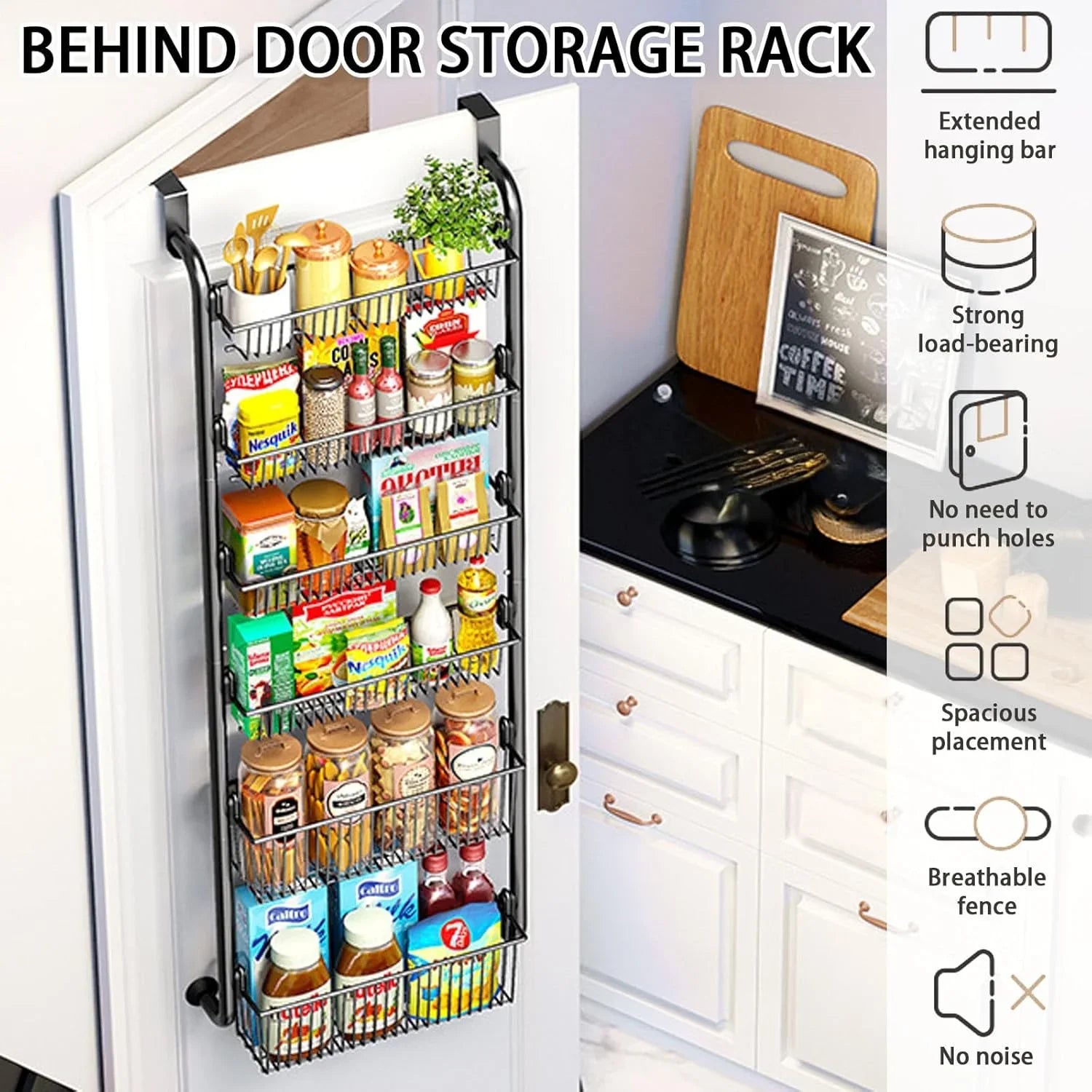 6-Tier Over the Door Organizer Heavy-Duty Metal Pantry Rack with Hanging Baskets for Home Kitchen Storage & Bathroom Door Organization (Black)