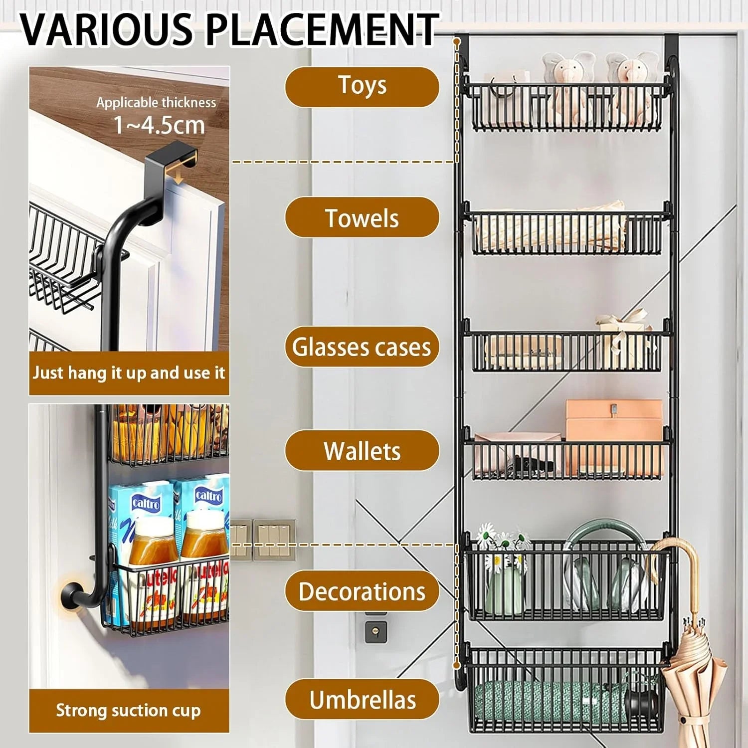 6-Tier Over the Door Organizer Heavy-Duty Metal Pantry Rack with Hanging Baskets for Home Kitchen Storage & Bathroom Door Organization (Black)