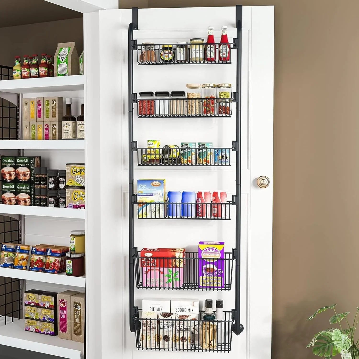 6-Tier Over the Door Organizer Heavy-Duty Metal Pantry Rack with Hanging Baskets for Home Kitchen Storage & Bathroom Door Organization (Black)