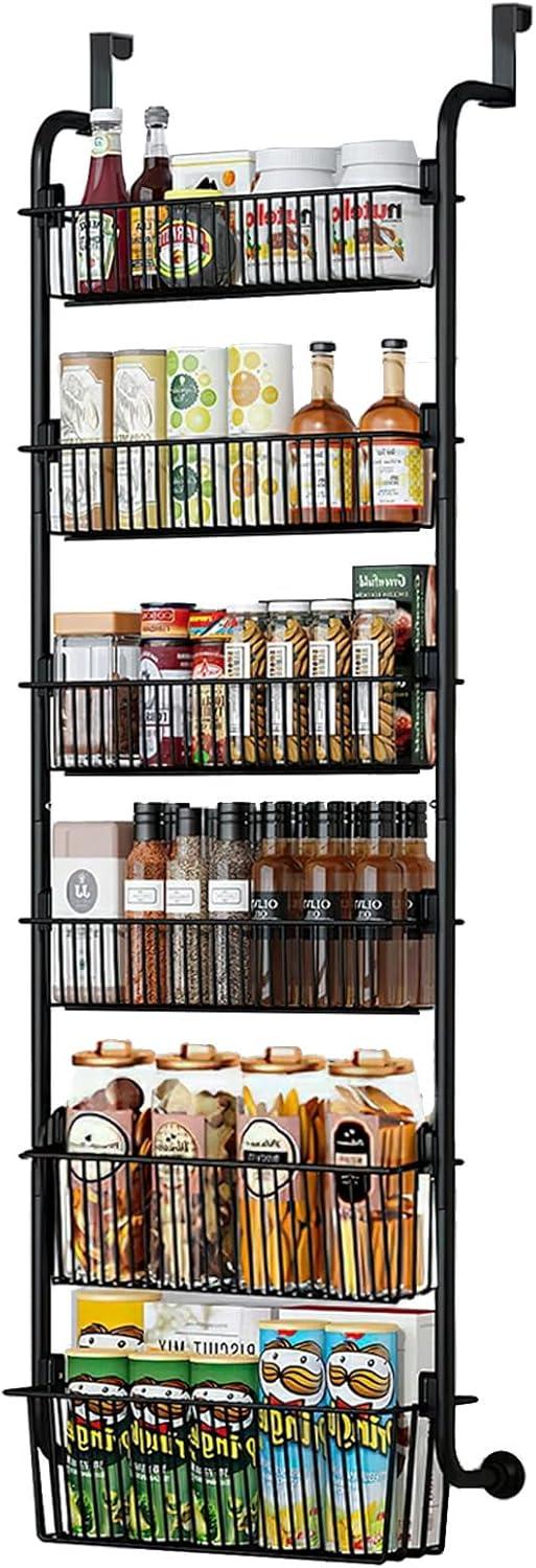 6-Tier Over the Door Organizer Heavy-Duty Metal Pantry Rack with Hanging Baskets for Home Kitchen Storage & Bathroom Door Organization (Black)