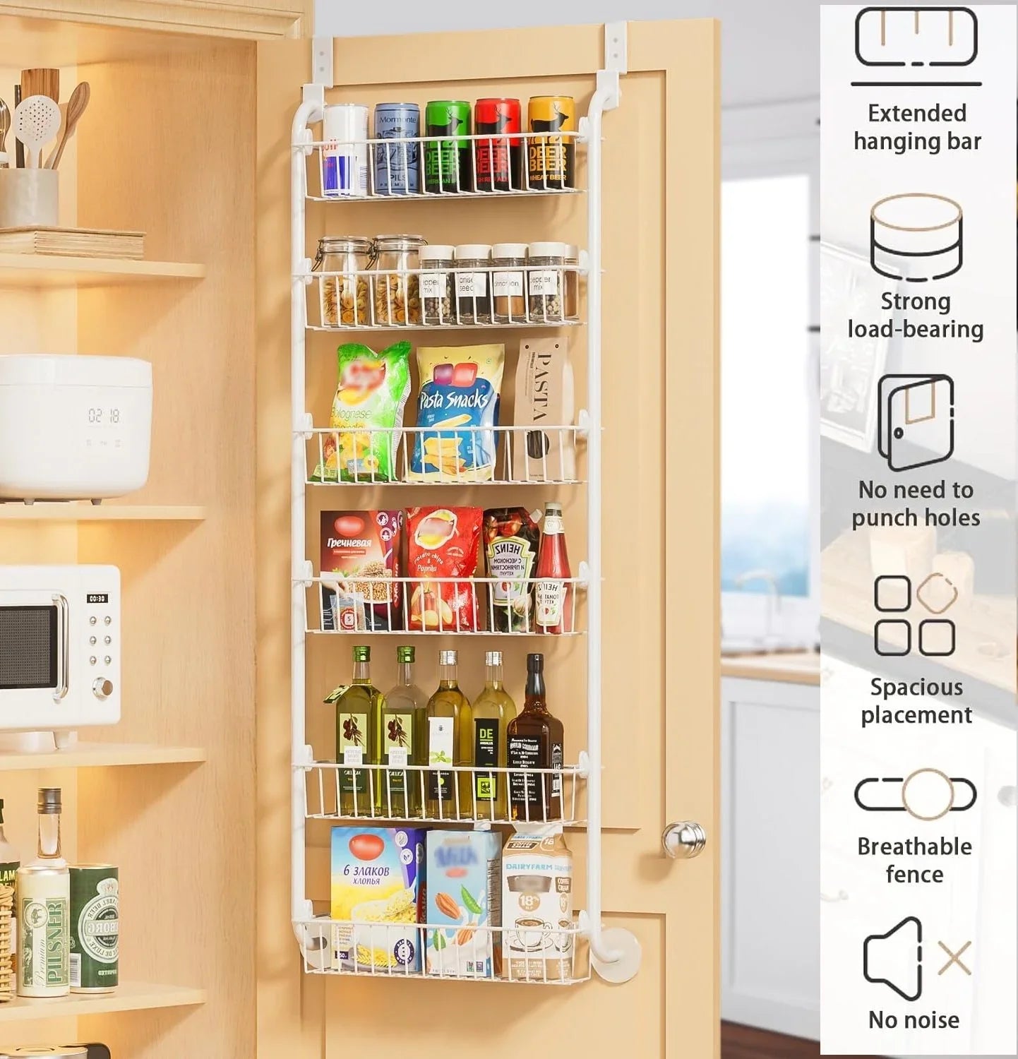 6-Tier Over the Door Organizer Heavy-Duty Metal Pantry Rack with Hanging Baskets for Home Kitchen Storage & Bathroom Door Organization (White)