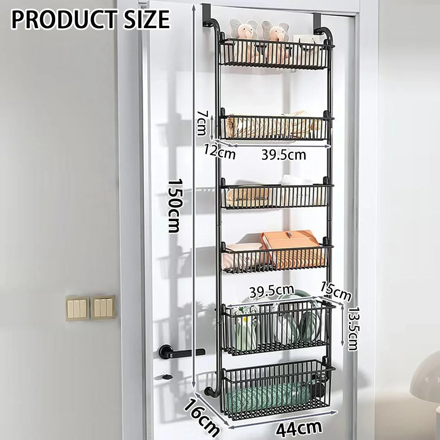 6-Tier Over the Door Organizer Heavy-Duty Metal Pantry Rack with Hanging Baskets for Home Kitchen Storage & Bathroom Door Organization (White)