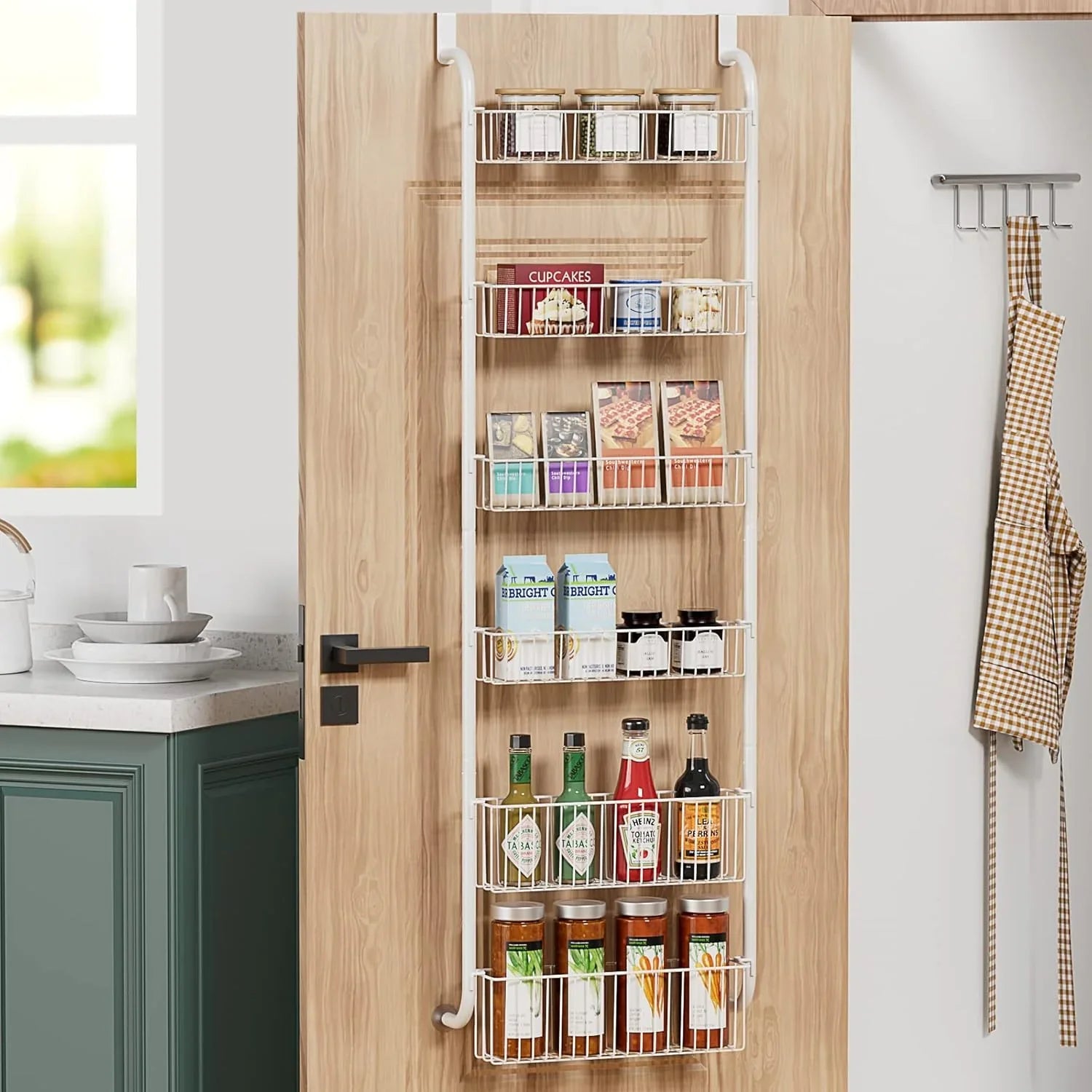 6-Tier Over the Door Organizer Heavy-Duty Metal Pantry Rack with Hanging Baskets for Home Kitchen Storage & Bathroom Door Organization (White)