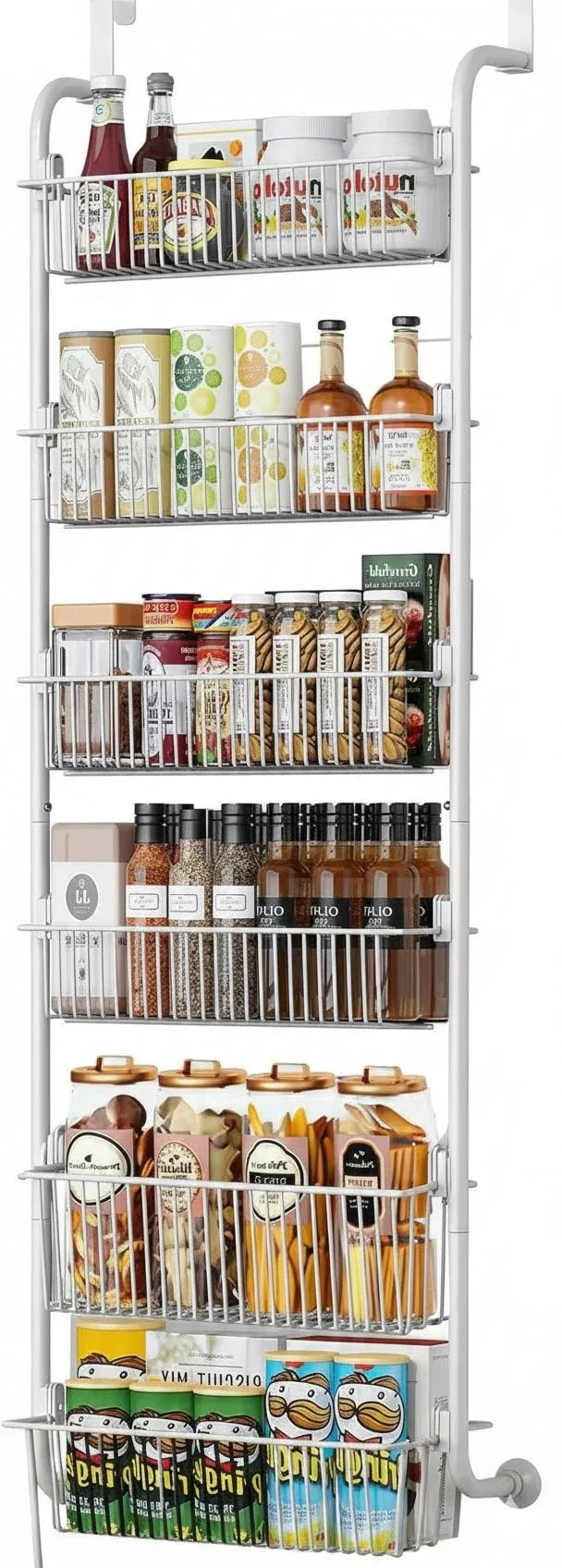 6-Tier Over the Door Organizer Heavy-Duty Metal Pantry Rack with Hanging Baskets for Home Kitchen Storage & Bathroom Door Organization (White)