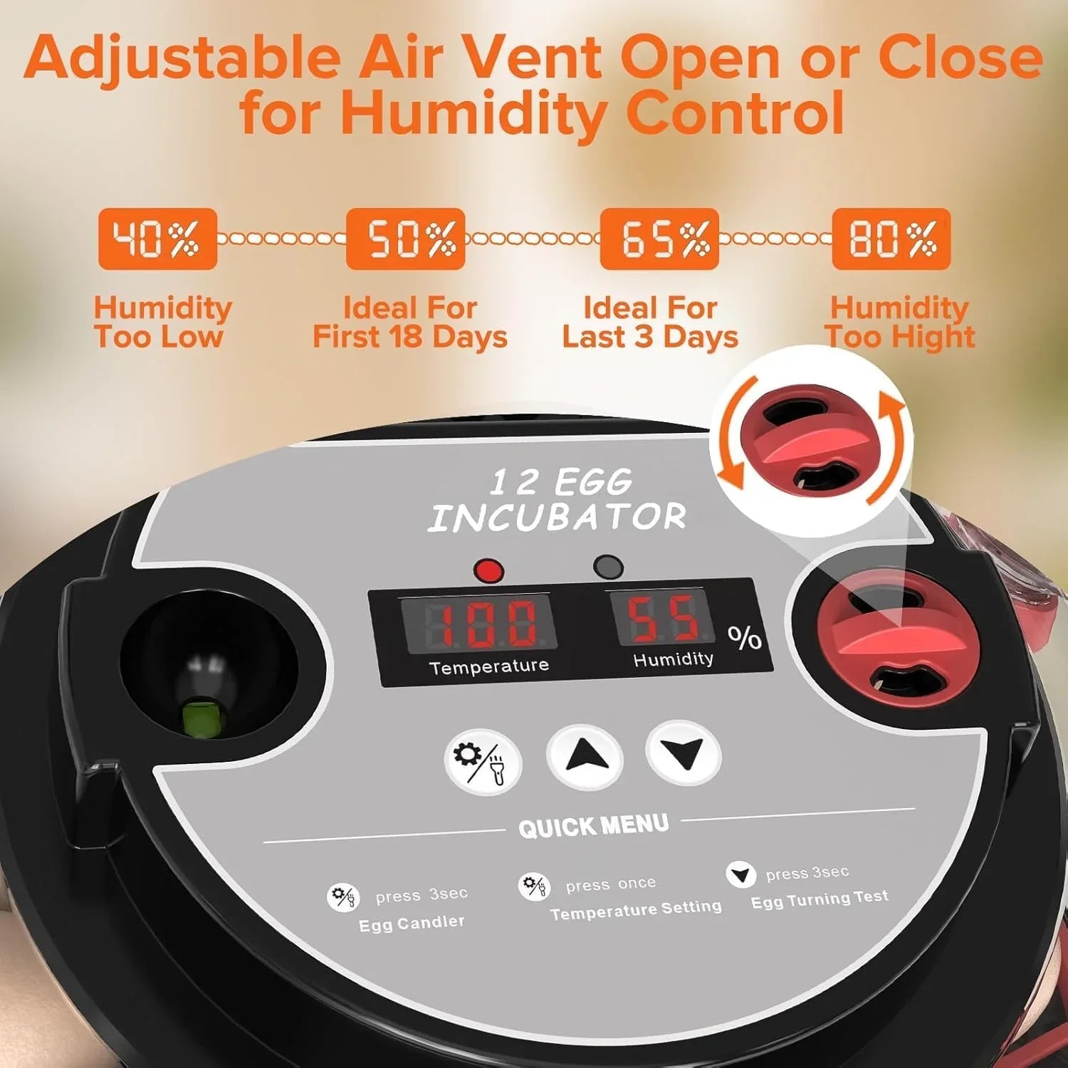 12 Egg Incubator with Automatic Turning, LED Display, Humidity & Temperature Control, Auto Water System & Built-in Egg Candler for Chicken, Duck, Quail, Goose