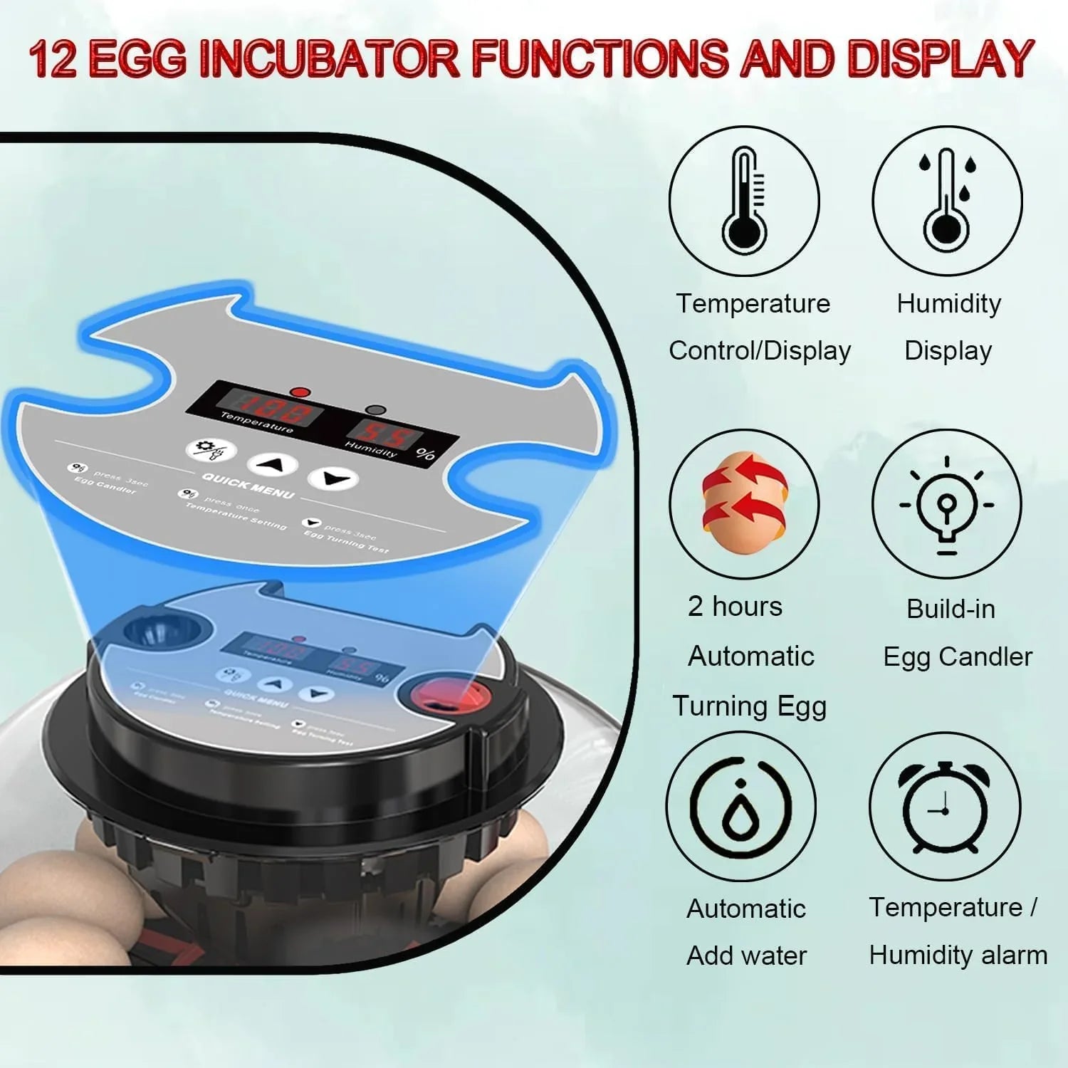 12 Egg Incubator with Automatic Turning, LED Display, Humidity & Temperature Control, Auto Water System & Built-in Egg Candler for Chicken, Duck, Quail, Goose