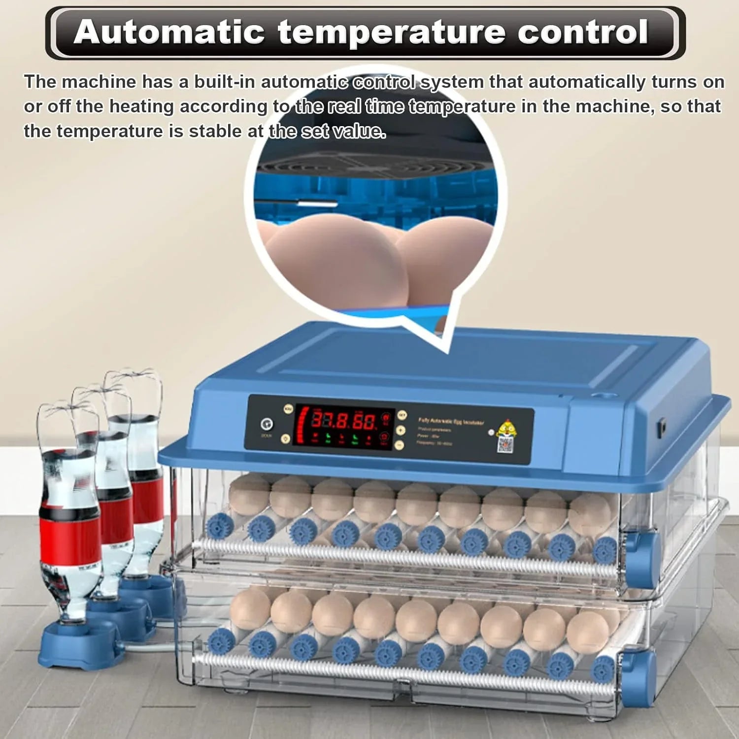 128 Egg Incubator with Automatic Turning, LED Display, Humidity & Temperature Control, Auto Water System & Built-in Egg Candler for Chicken, Duck, Quail, Goose