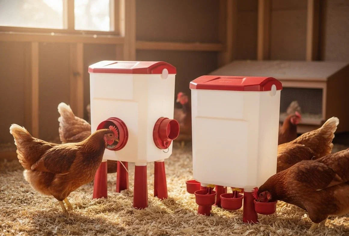Automatic Chicken Feeder Waterer Set with 8KG Food 7L Water Capacity for Coop, Chickens, Ducks, Quails (Red)