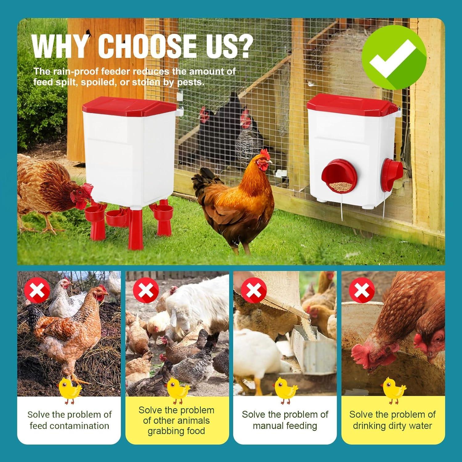 Automatic Chicken Feeder Waterer Set with 8KG Food 7L Water Capacity for Coop, Chickens, Ducks, Quails (Red)