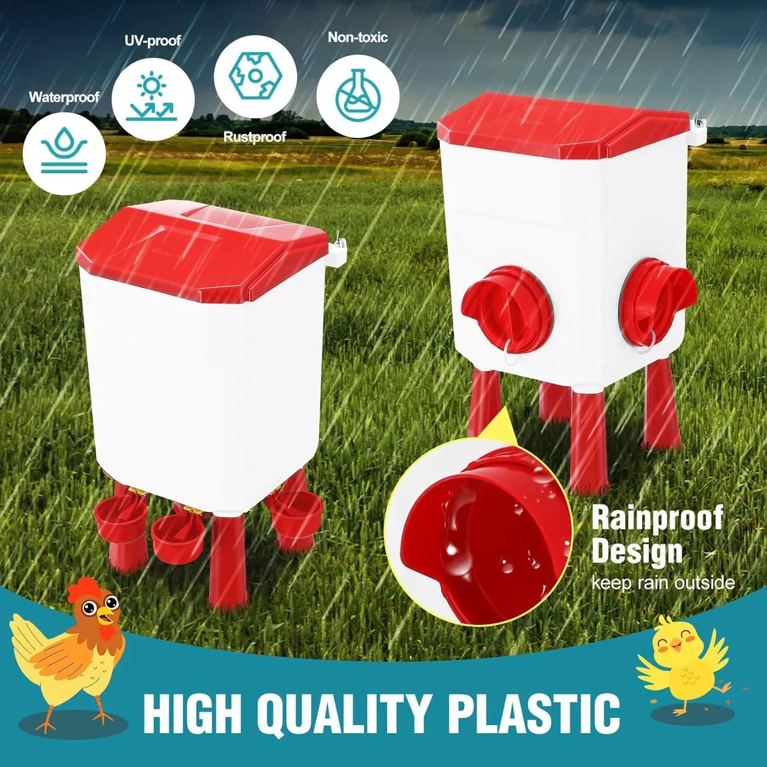 Automatic Chicken Feeder Waterer Set with 8KG Food 7L Water Capacity for Coop, Chickens, Ducks, Quails (Red)