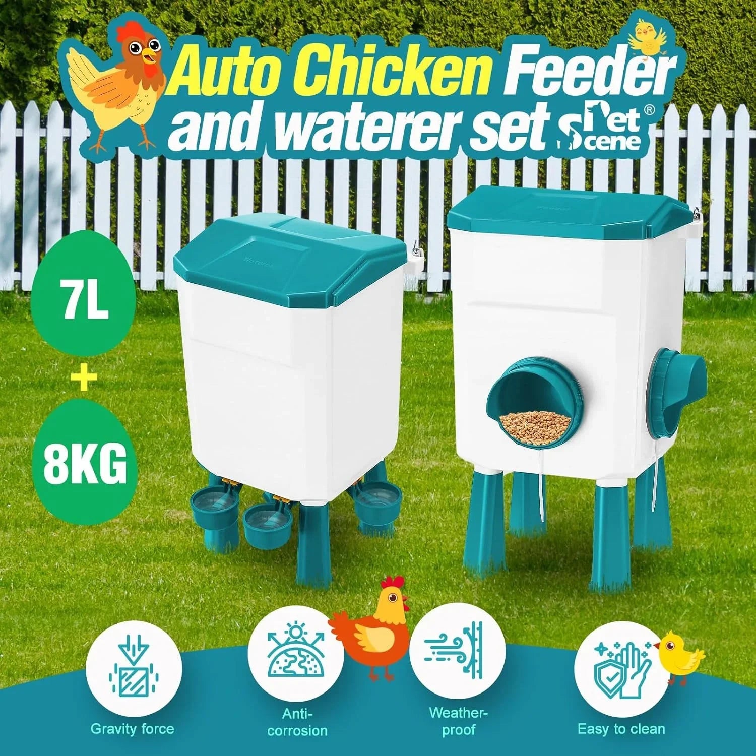 Automatic Chicken Feeder Waterer Set with 8KG Food 7L Water Capacity for Coop, Chickens, Ducks, Quails (Blue)