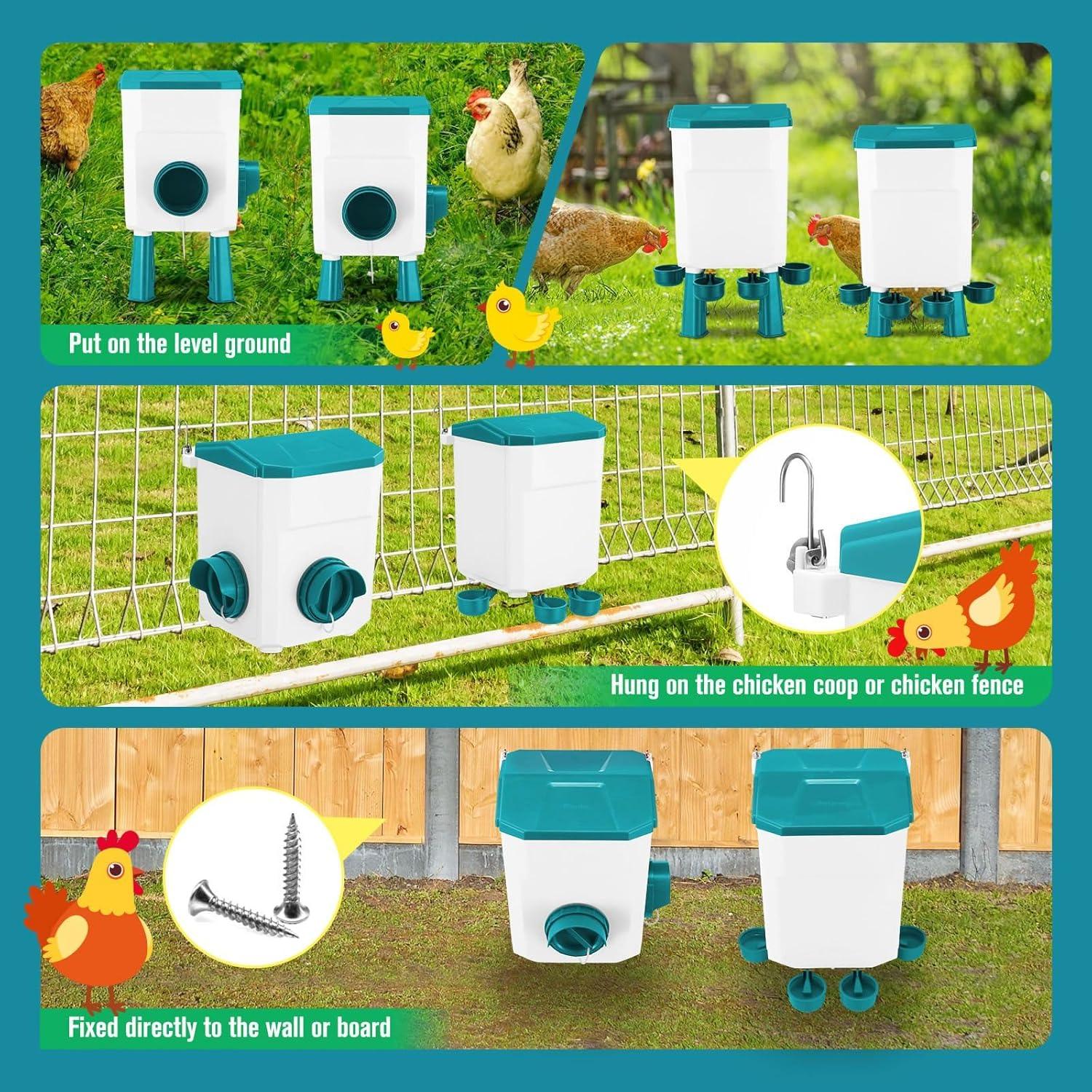 Automatic Chicken Feeder Waterer Set with 8KG Food 7L Water Capacity for Coop, Chickens, Ducks, Quails (Blue)