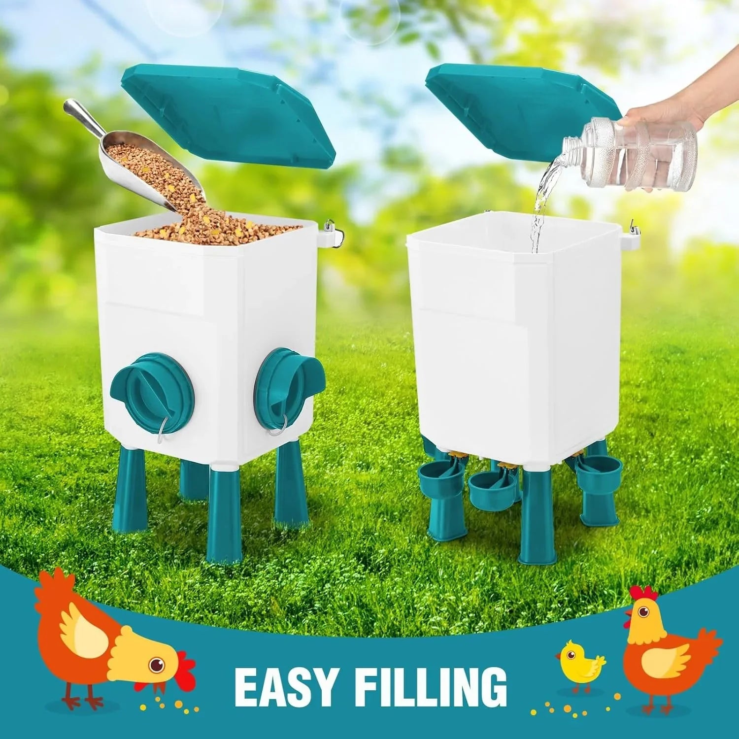 Automatic Chicken Feeder Waterer Set with 8KG Food 7L Water Capacity for Coop, Chickens, Ducks, Quails (Blue)