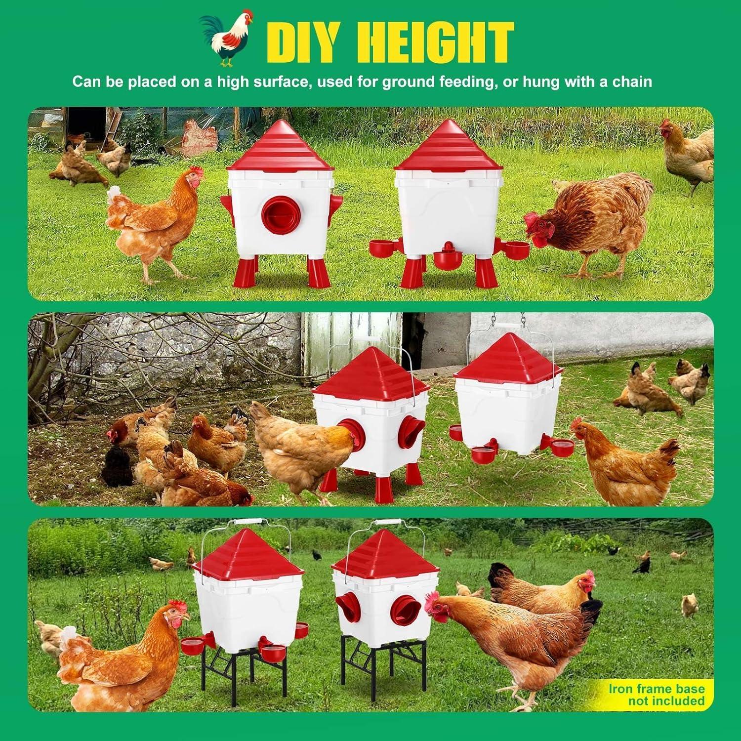 Chicken Feeder Waterer Set, Automatic Gravity Dispenser with 8KG Food & 8L Water Capacity, 4 Ports & Cups, Clean Poultry Feeding for Coop, Duck, Quail, Hen