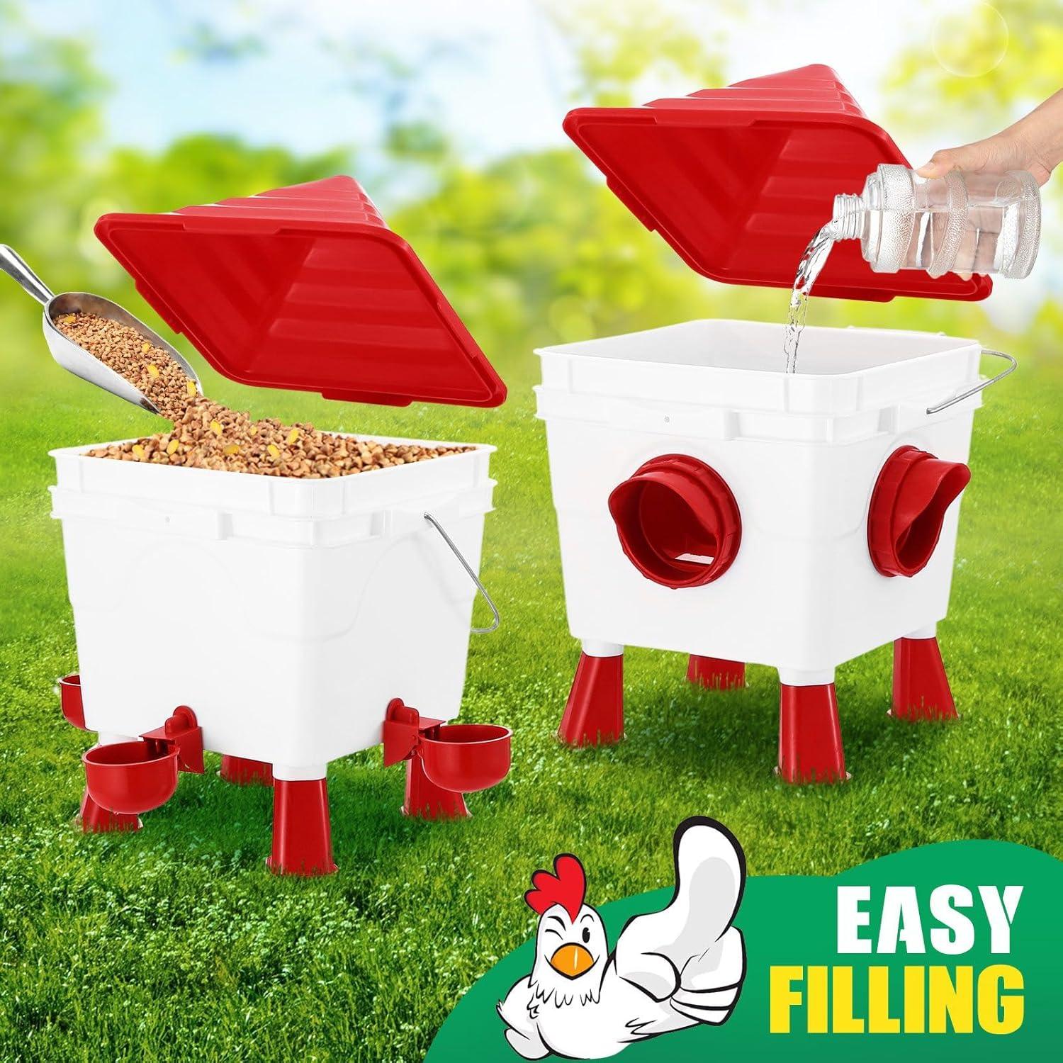 Chicken Feeder Waterer Set, Automatic Gravity Dispenser with 8KG Food & 8L Water Capacity, 4 Ports & Cups, Clean Poultry Feeding for Coop, Duck, Quail, Hen