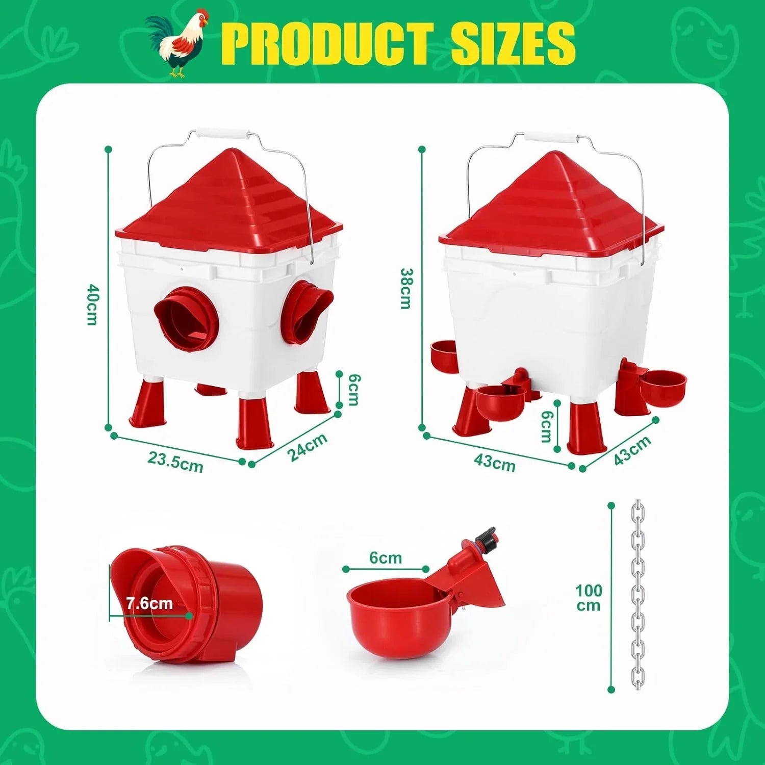 Chicken Feeder Waterer Set, Automatic Gravity Dispenser with 8KG Food & 8L Water Capacity, 4 Ports & Cups, Clean Poultry Feeding for Coop, Duck, Quail, Hen