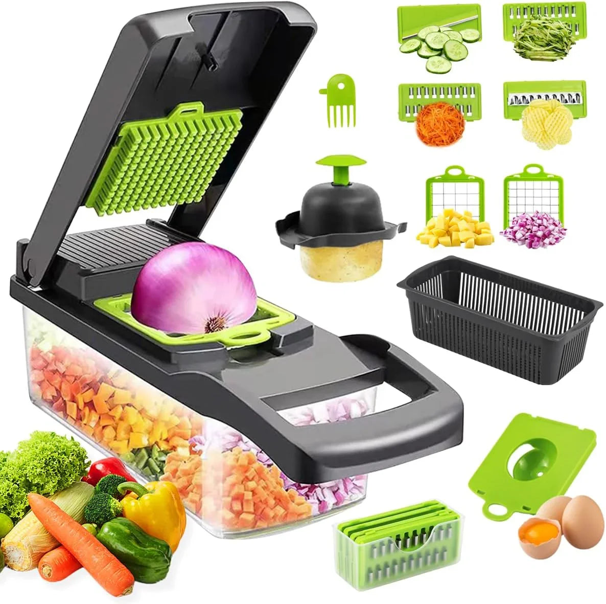 Multifunctional Mandoline Vegetable Chopper 16-in-1 with Stainless Steel Blades, Storage Container & Hand Guard for Fruits & Veggies