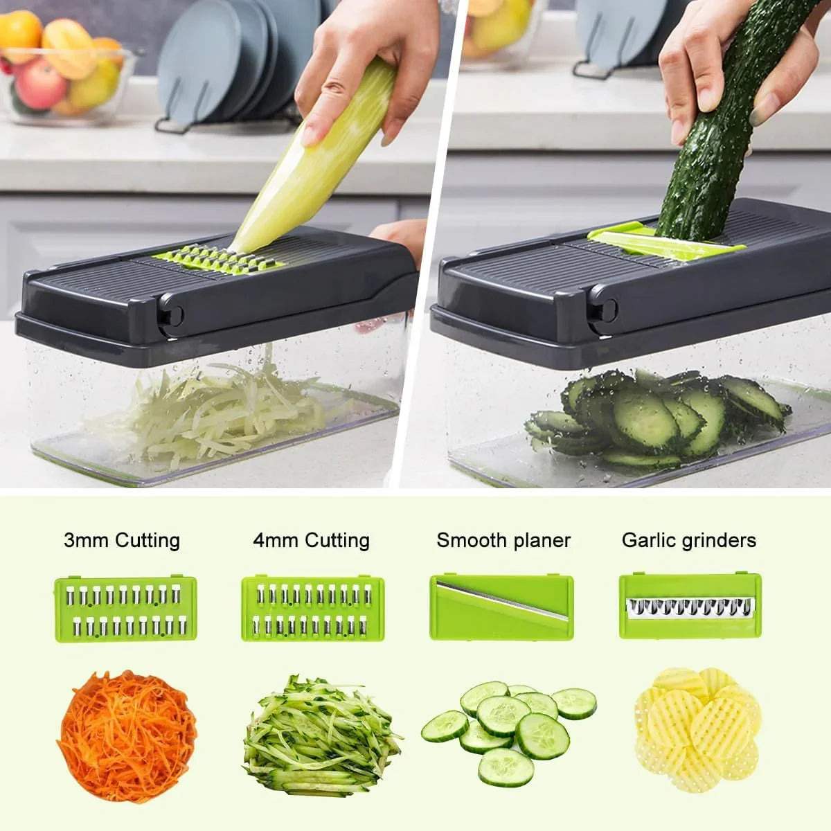 Multifunctional Mandoline Vegetable Chopper 16-in-1 with Stainless Steel Blades, Storage Container & Hand Guard for Fruits & Veggies