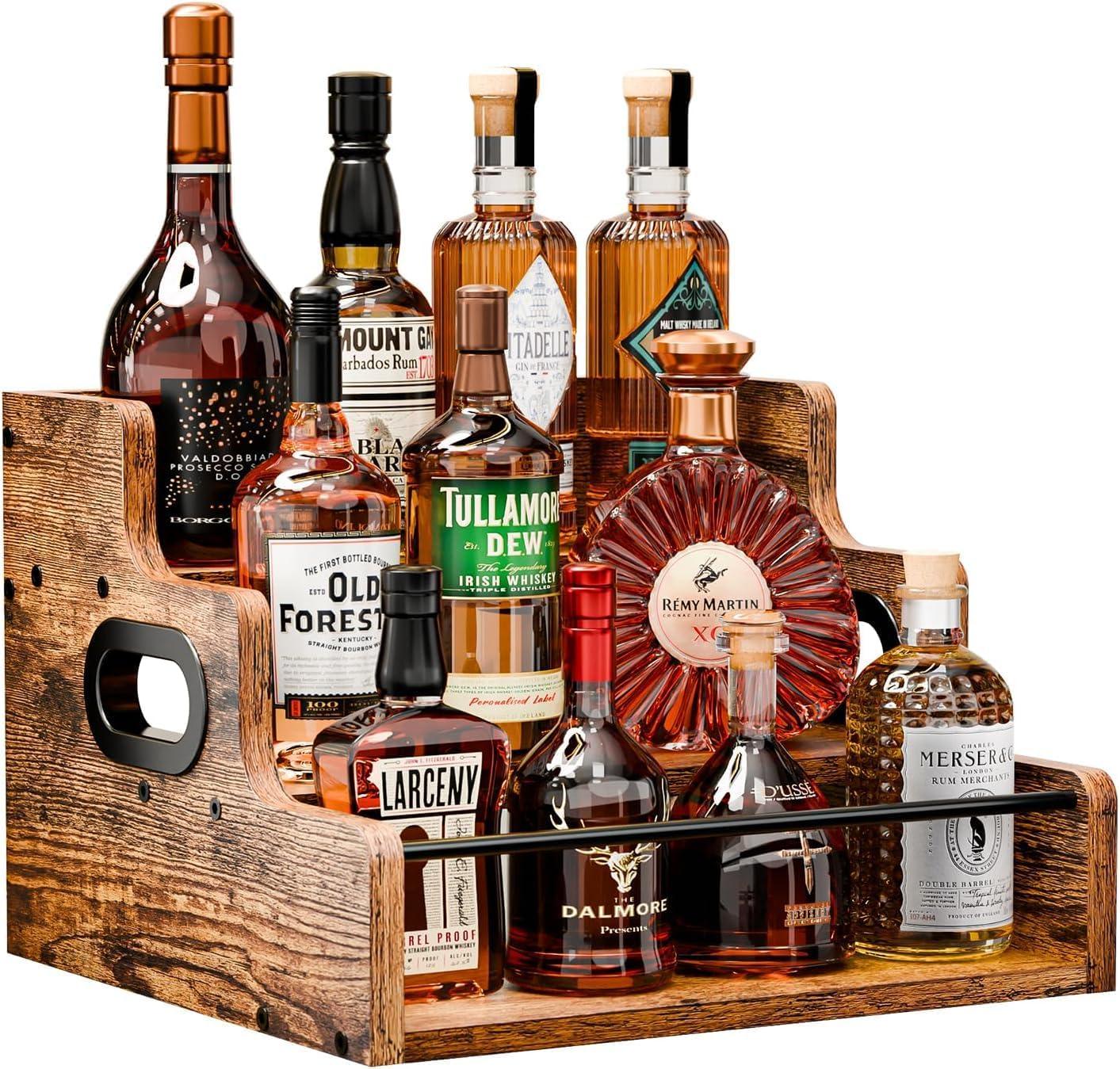 3-Tier Liquor Bottle Display Shelf Rack Bar Organizer for Whiskey, Wine, Coffee Syrups, Spirits & Bottles