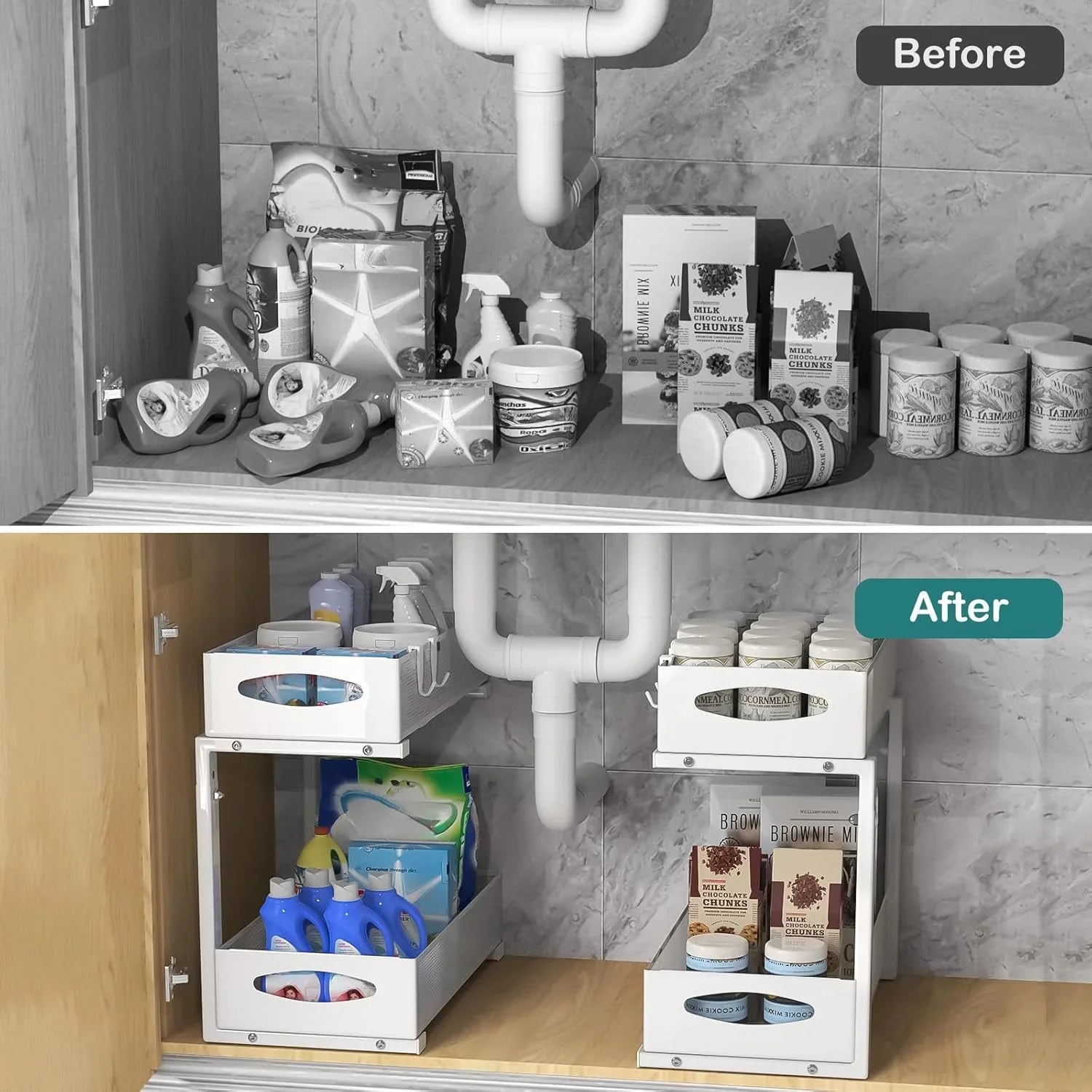 2 Tier Under Sink Organizer Pull Out Sliding Cabinet Storage Shelf with Height Adjustable for Kitchen, Bathroom or Laundry Room (White)