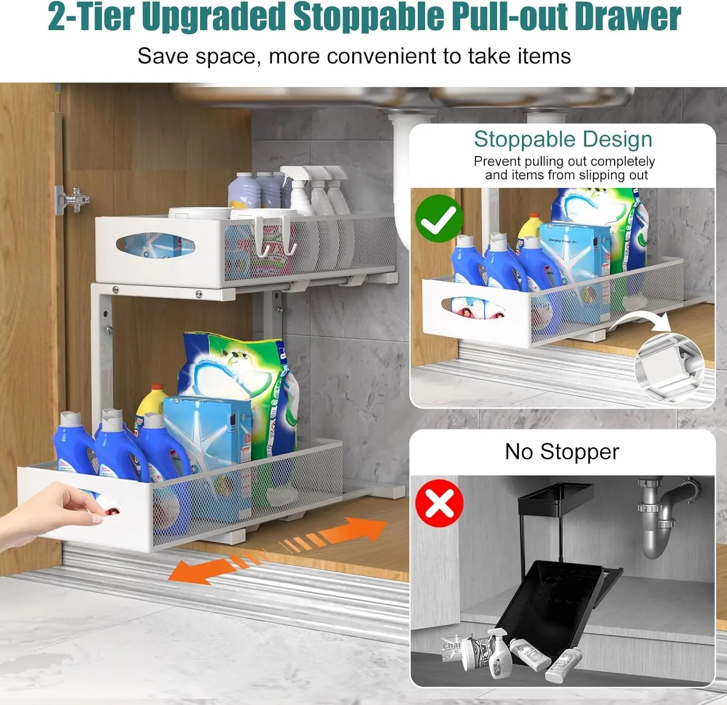 2 Tier Under Sink Organizer Pull Out Sliding Cabinet Storage Shelf with Height Adjustable for Kitchen, Bathroom or Laundry Room (White)