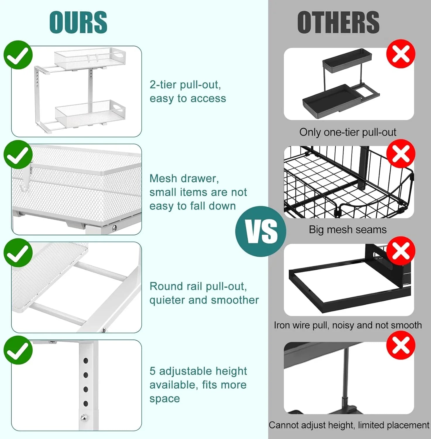 2 Tier Under Sink Organizer Pull Out Sliding Cabinet Storage Shelf with Height Adjustable for Kitchen, Bathroom or Laundry Room (White)