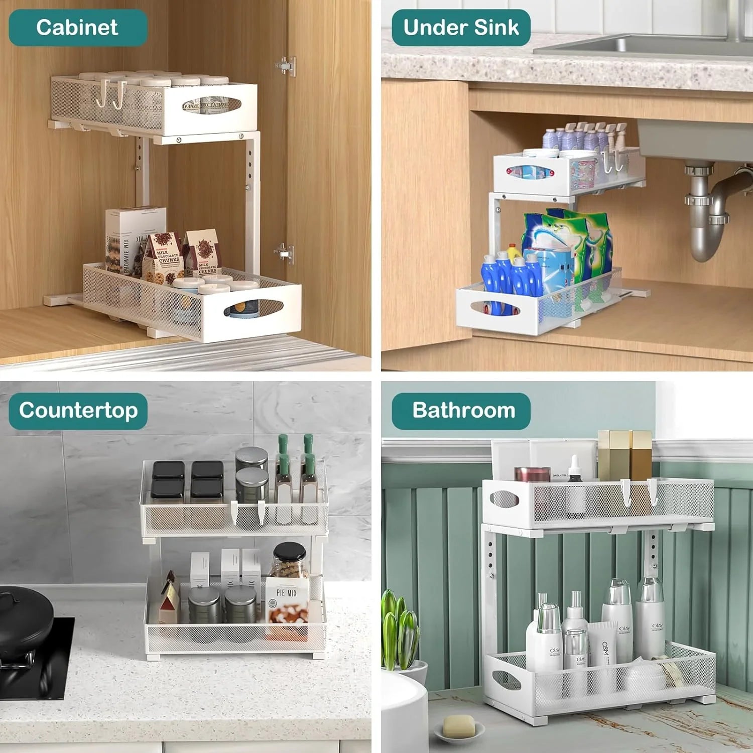 2 Tier Under Sink Organizer Pull Out Sliding Cabinet Storage Shelf with Height Adjustable for Kitchen, Bathroom or Laundry Room (White)