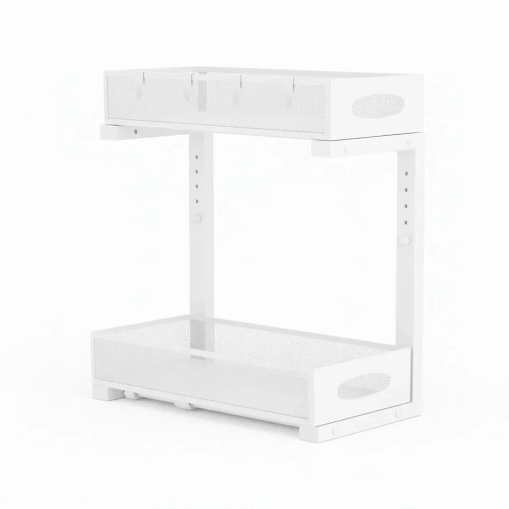 2 Tier Under Sink Organizer Pull Out Sliding Cabinet Storage Shelf with Height Adjustable for Kitchen, Bathroom or Laundry Room (White)