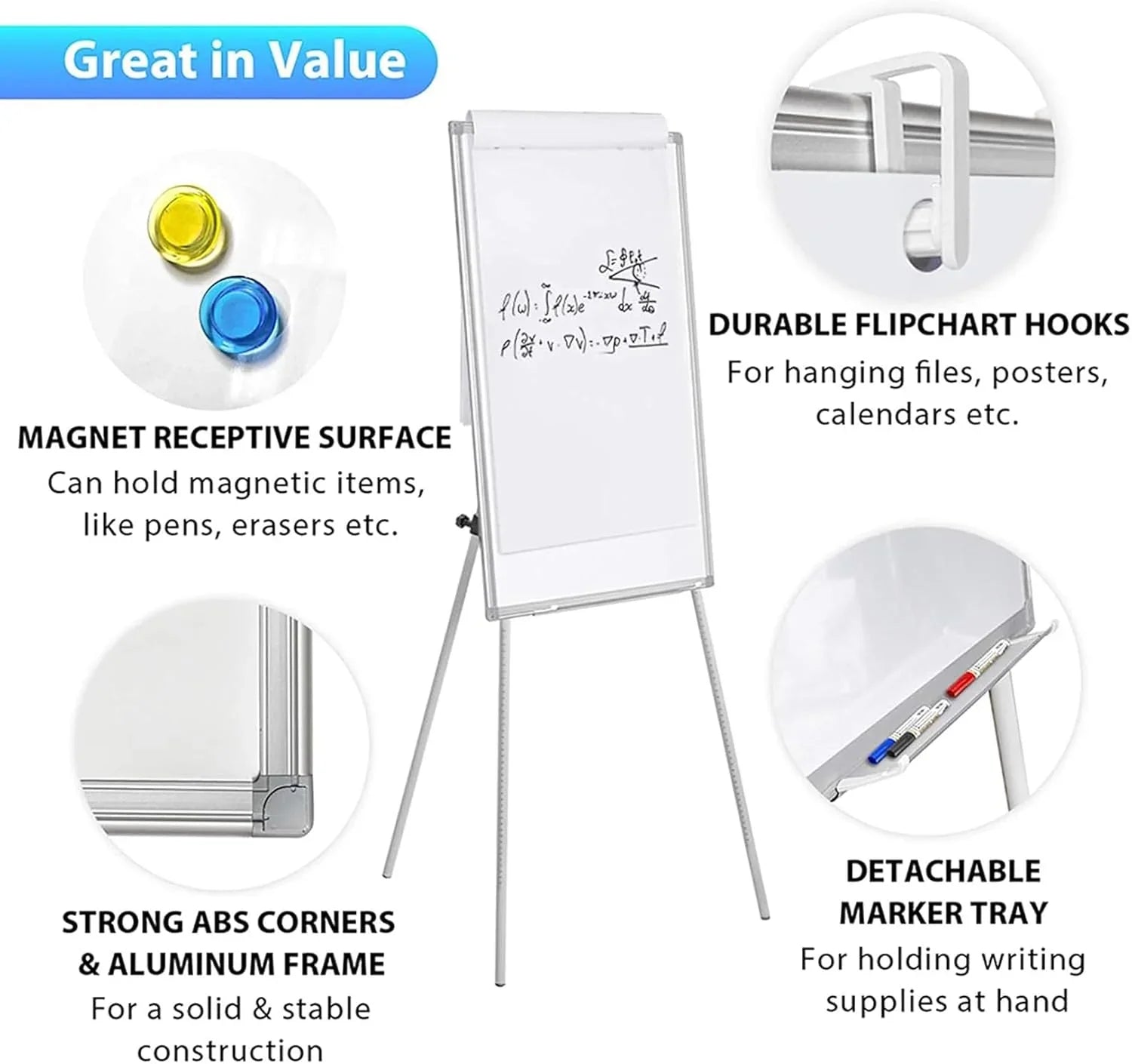 Whiteboard Easel Portable Magnetic Dry Erase Board with Adjustable Tripod Stand & Height Adjustable for Office & Home (90x60cm)