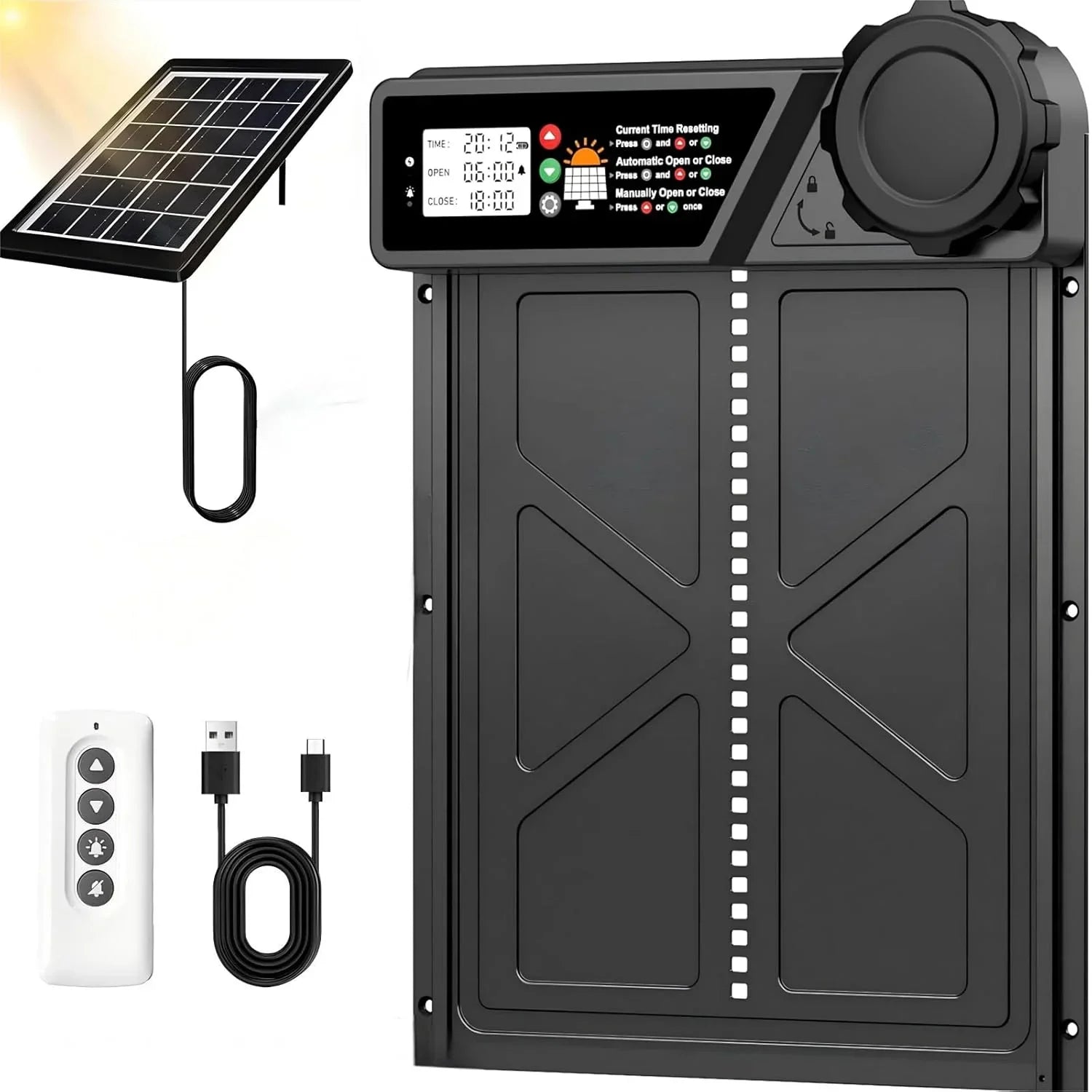 Solar Automatic Chicken Coop Door with Timer, Light Sensor, Remote Control, Anti-Pinch, LED Screen & USB Charging