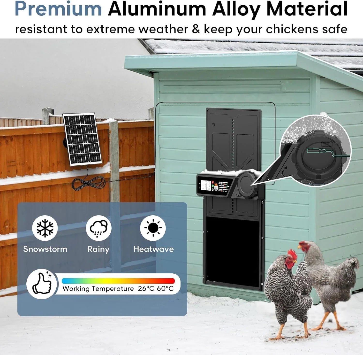 Solar Automatic Chicken Coop Door with Timer, Light Sensor, Remote Control, Anti-Pinch, LED Screen & USB Charging