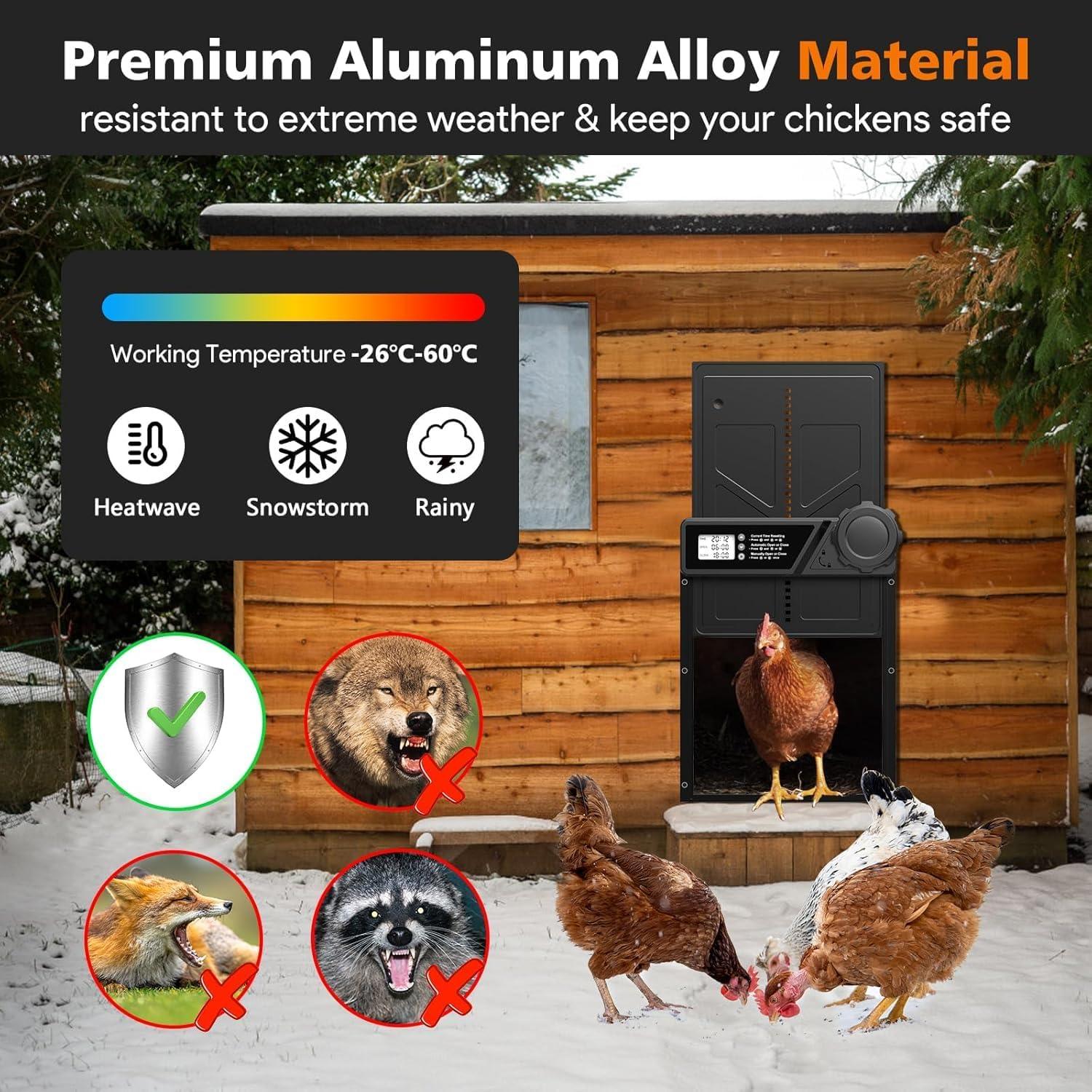 Solar Automatic Chicken Coop Door with Timer, Light Sensor, Remote Control, Anti-Pinch, LED Screen & USB Charging