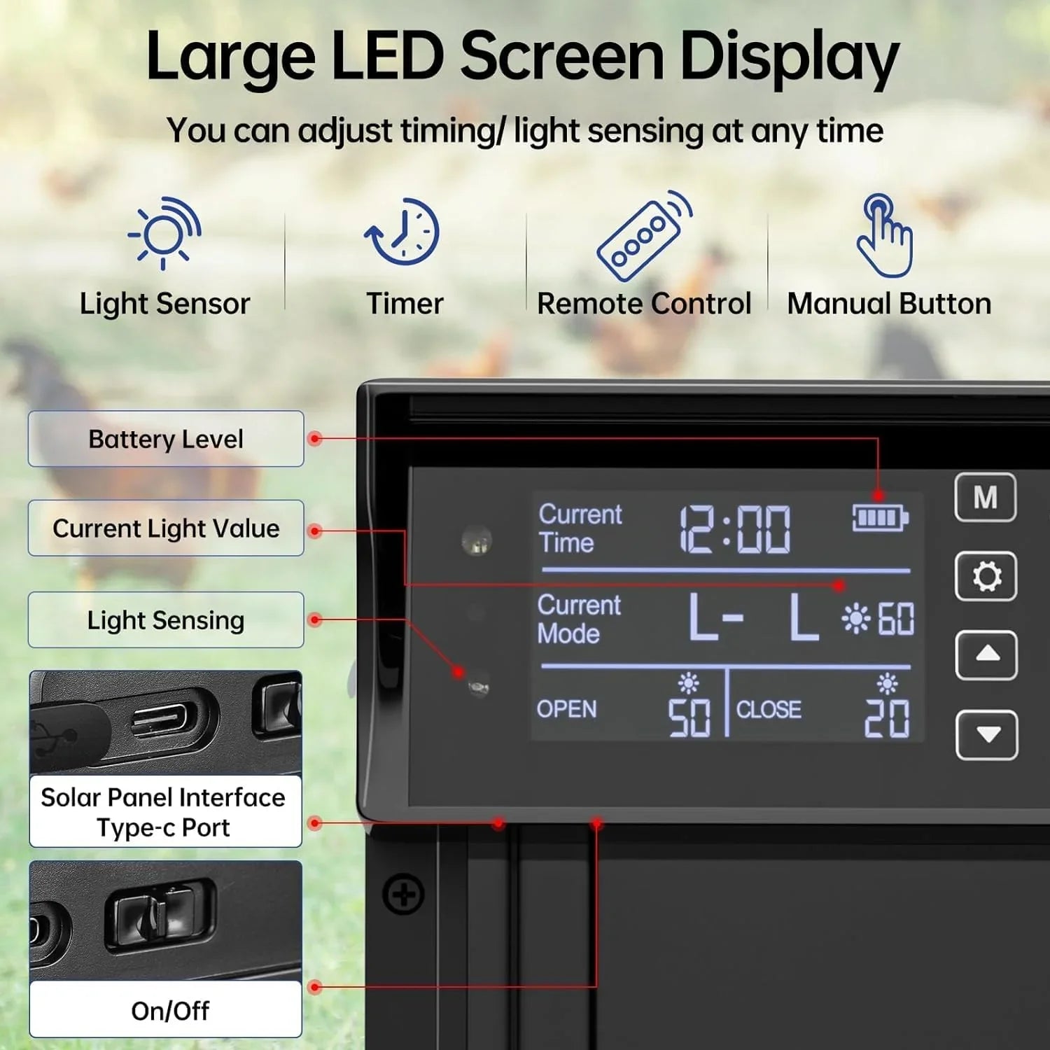 Automatic Chicken Coop Door Solar Powered with 4 Mode Timer & Light Sensor, Anti-Pinch & USB Charging Port